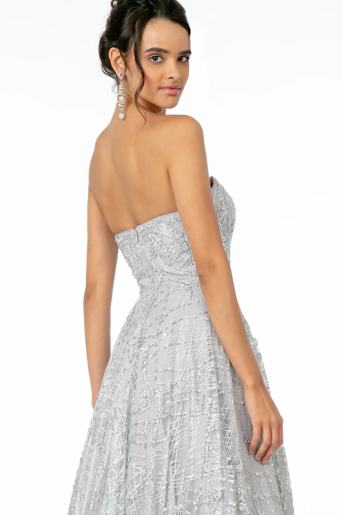 Silver prom evening dress a-line skirt detail