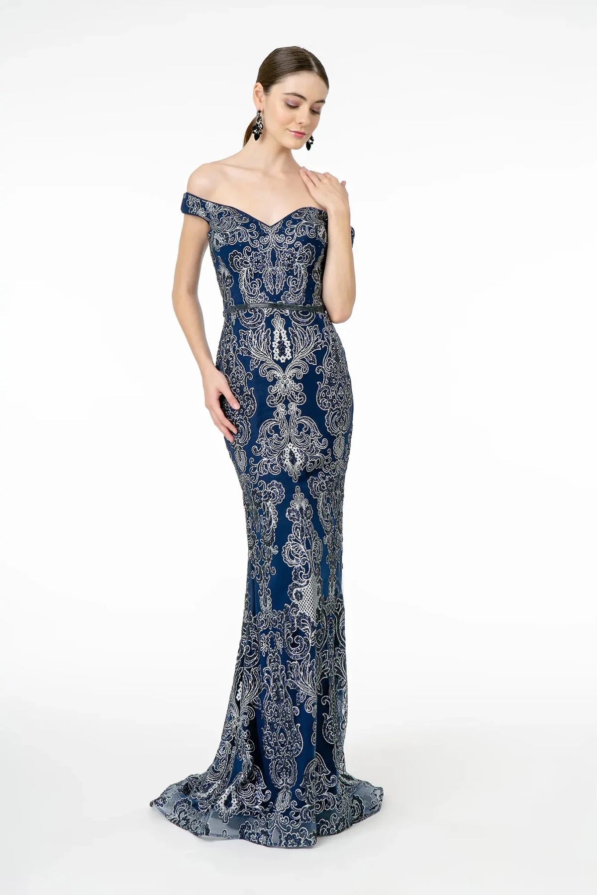Navy glitter off-shoulder prom evening dress full front