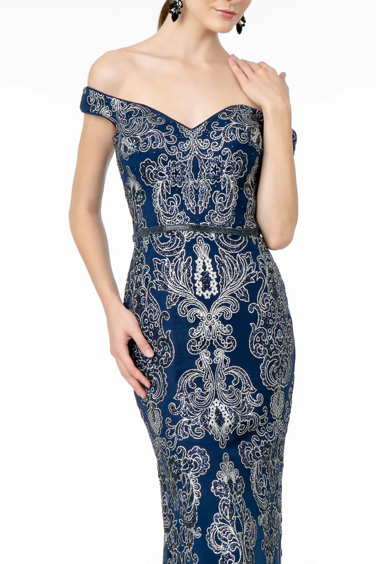 Navy off the shoulder prom evening dress upper front with glitter
