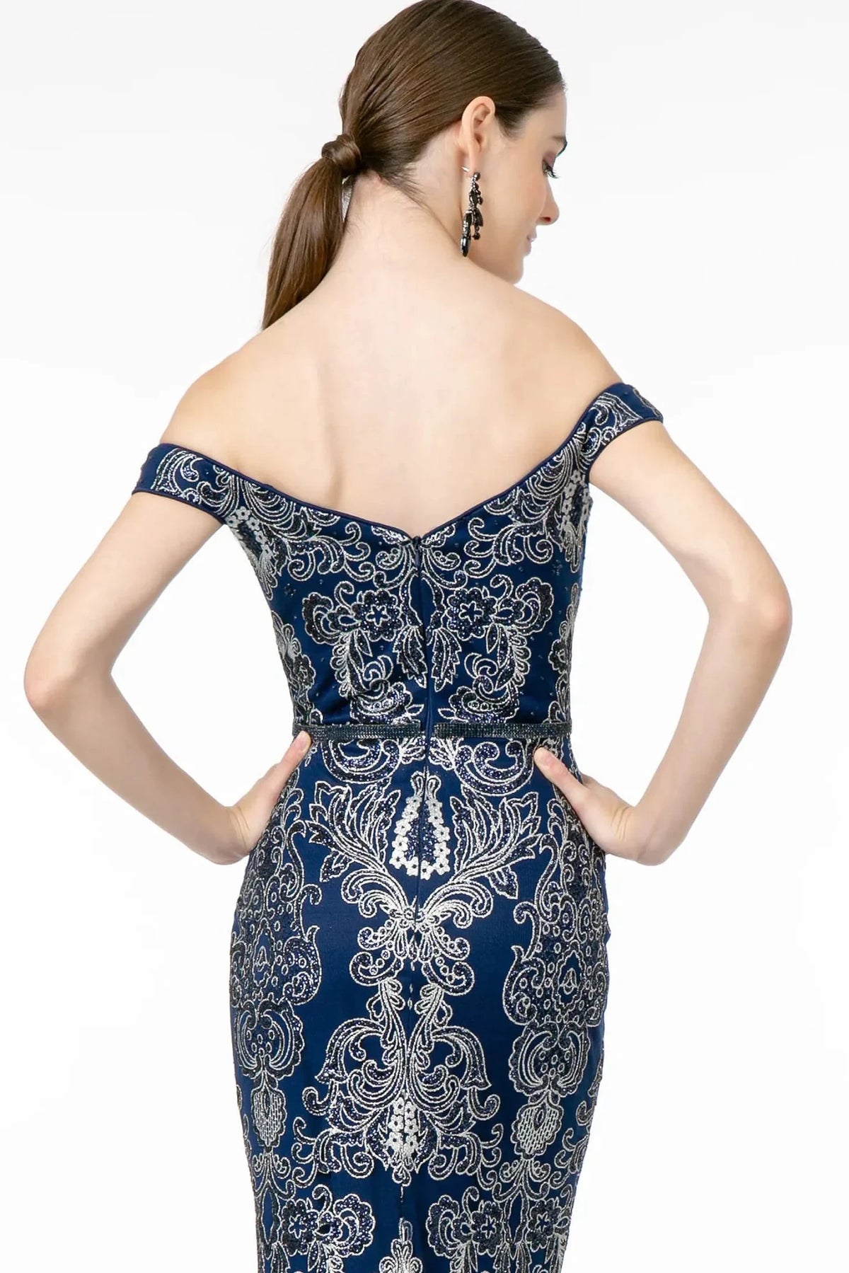 Navy prom evening dress mermaid skirt detail