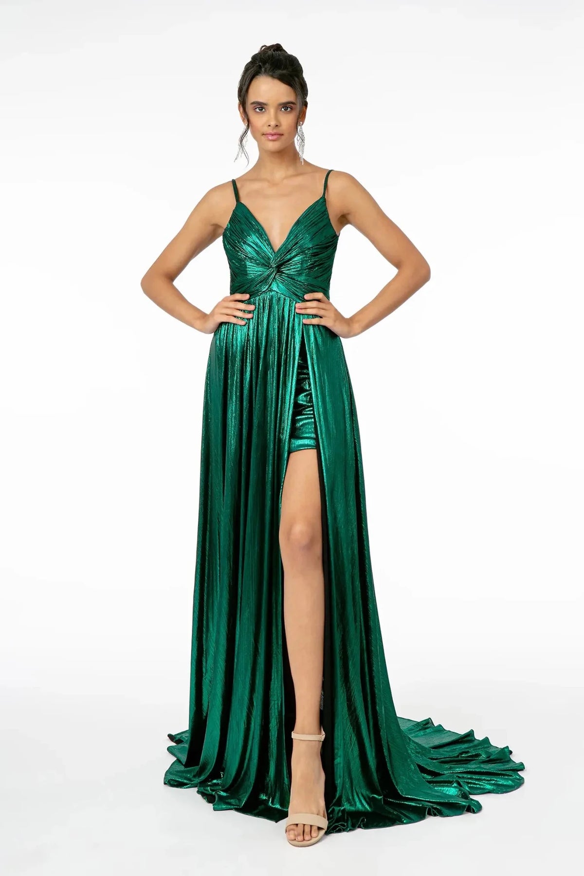 Green metallic prom evening dress full front