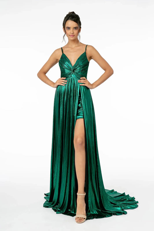 Full-length front view shows metallic styling on the Green prom evening dress.