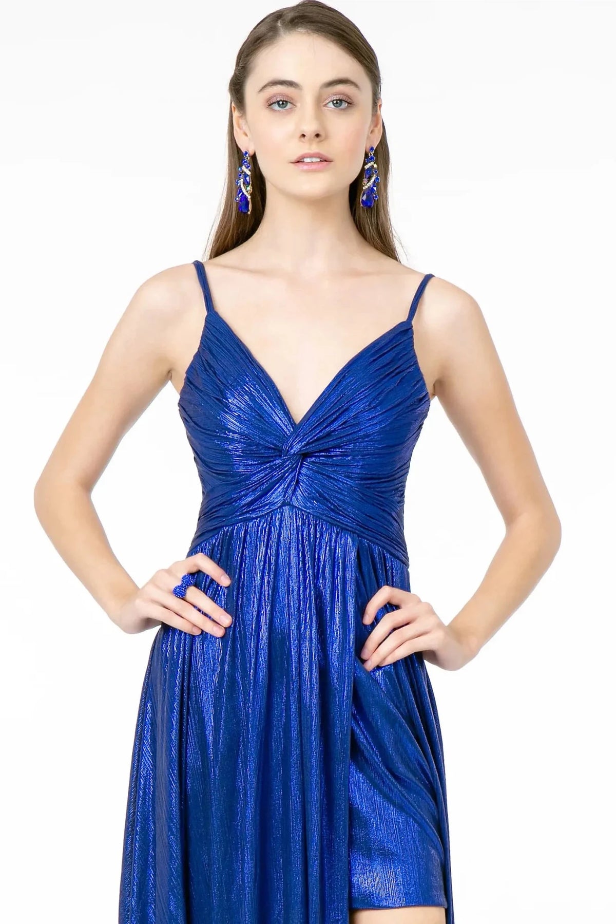 Royal Blue v-neck prom evening dress upper front with metallic, ruching, pleating, slit