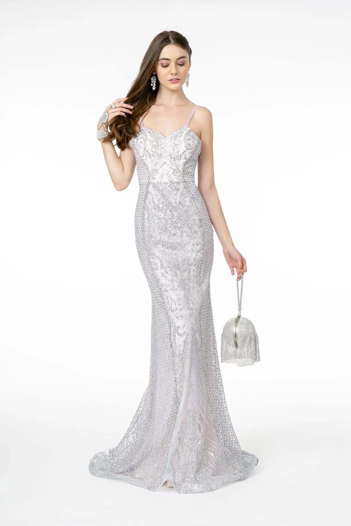 Silver glitter prom evening dress full front