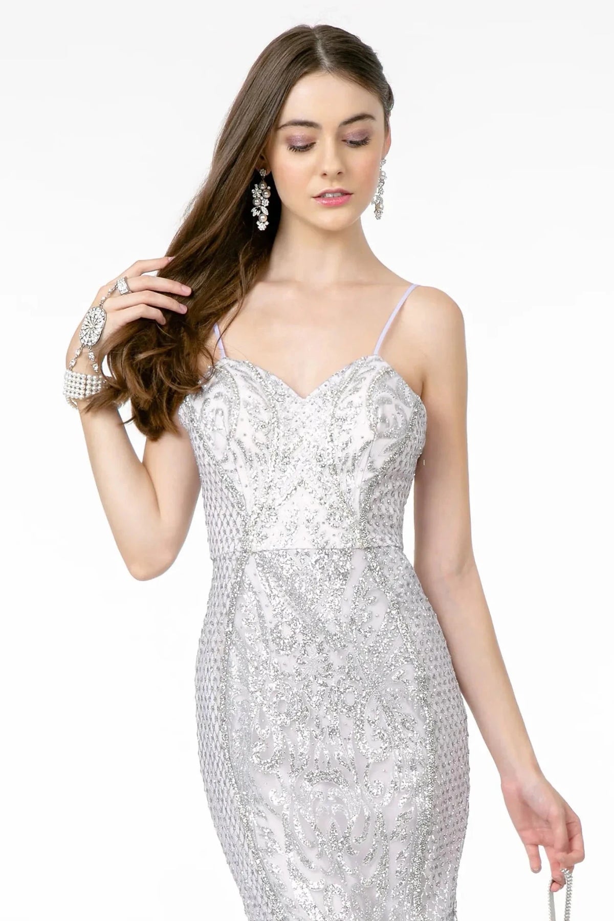 Silver sweetheart prom evening dress upper front with glitter