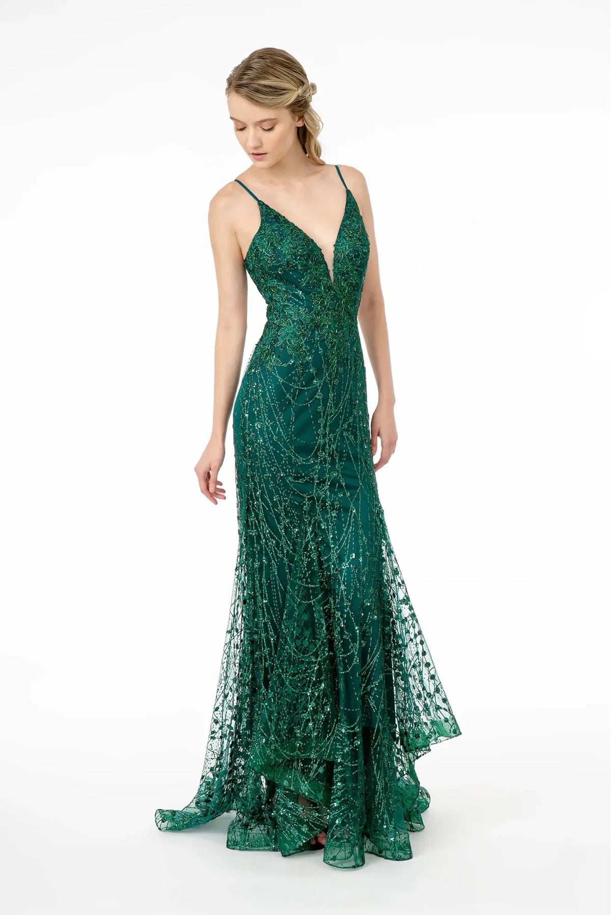 Green glitter prom evening dress full front