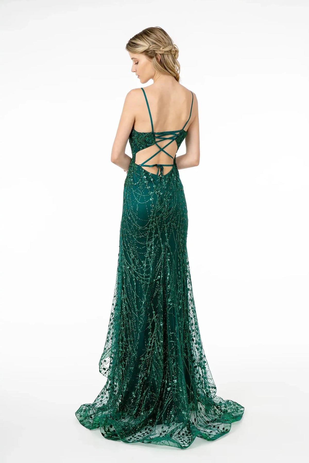 Green prom evening dress full back with lace-up back