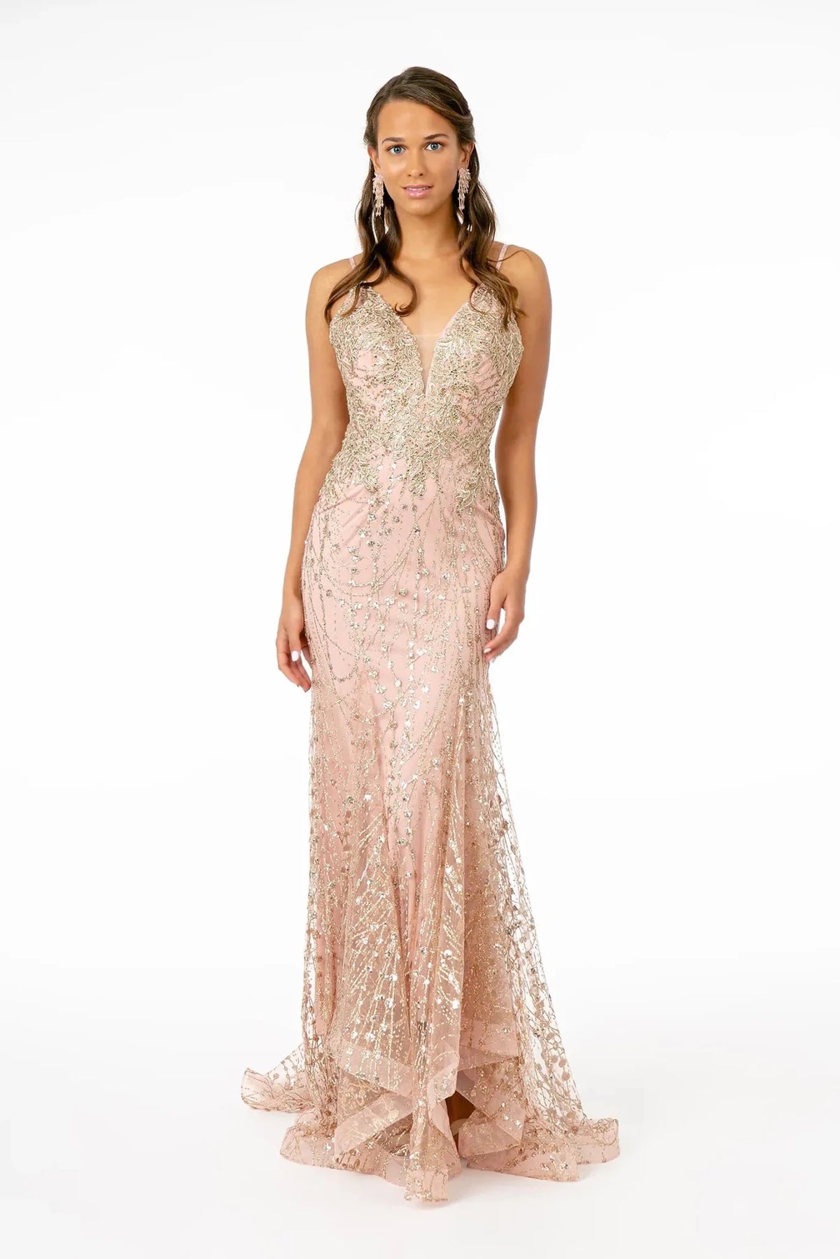 Rose Gold glitter prom evening dress full front