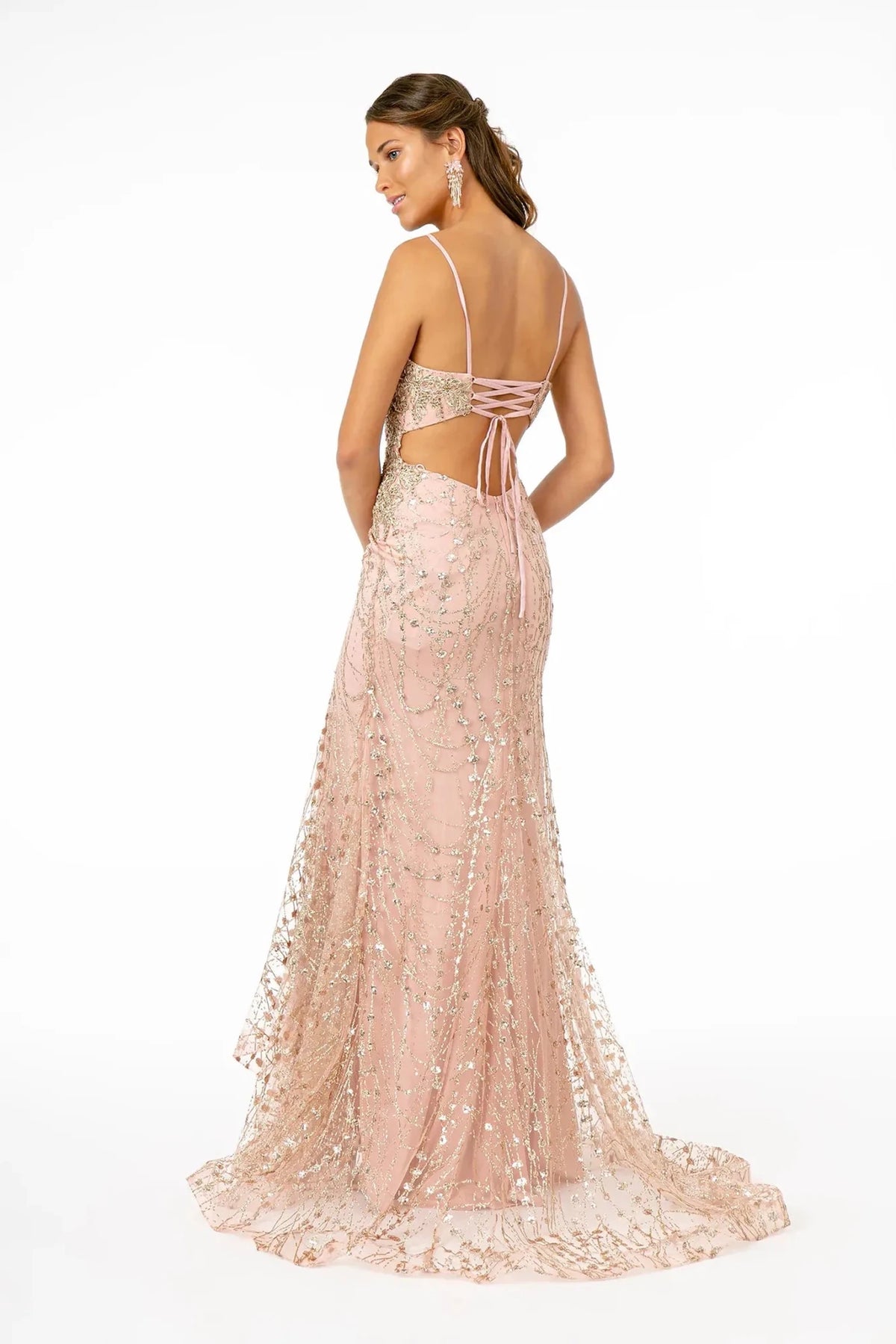 Rose Gold prom evening dress full back with lace-up back