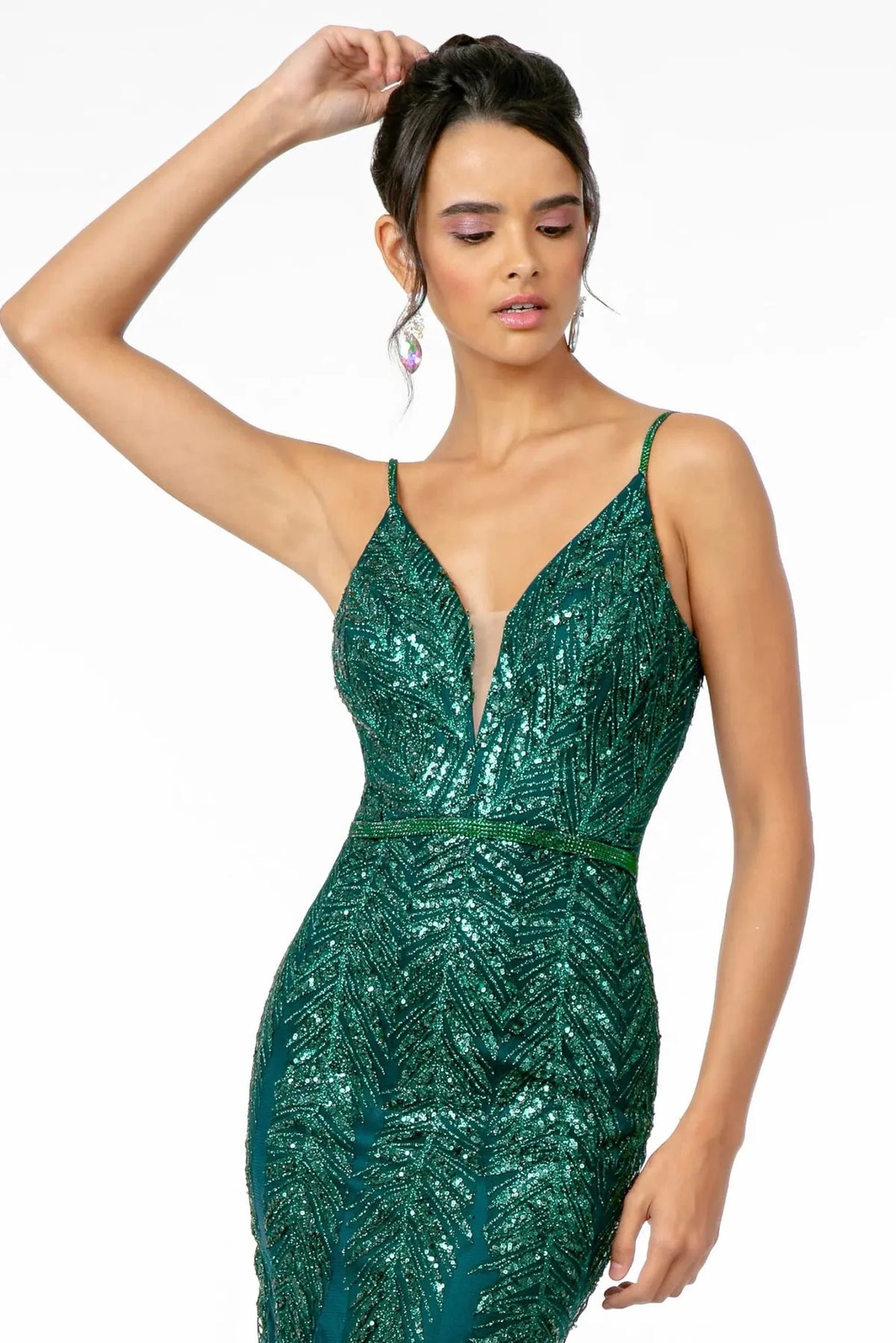 Green prom evening dress full back with open back