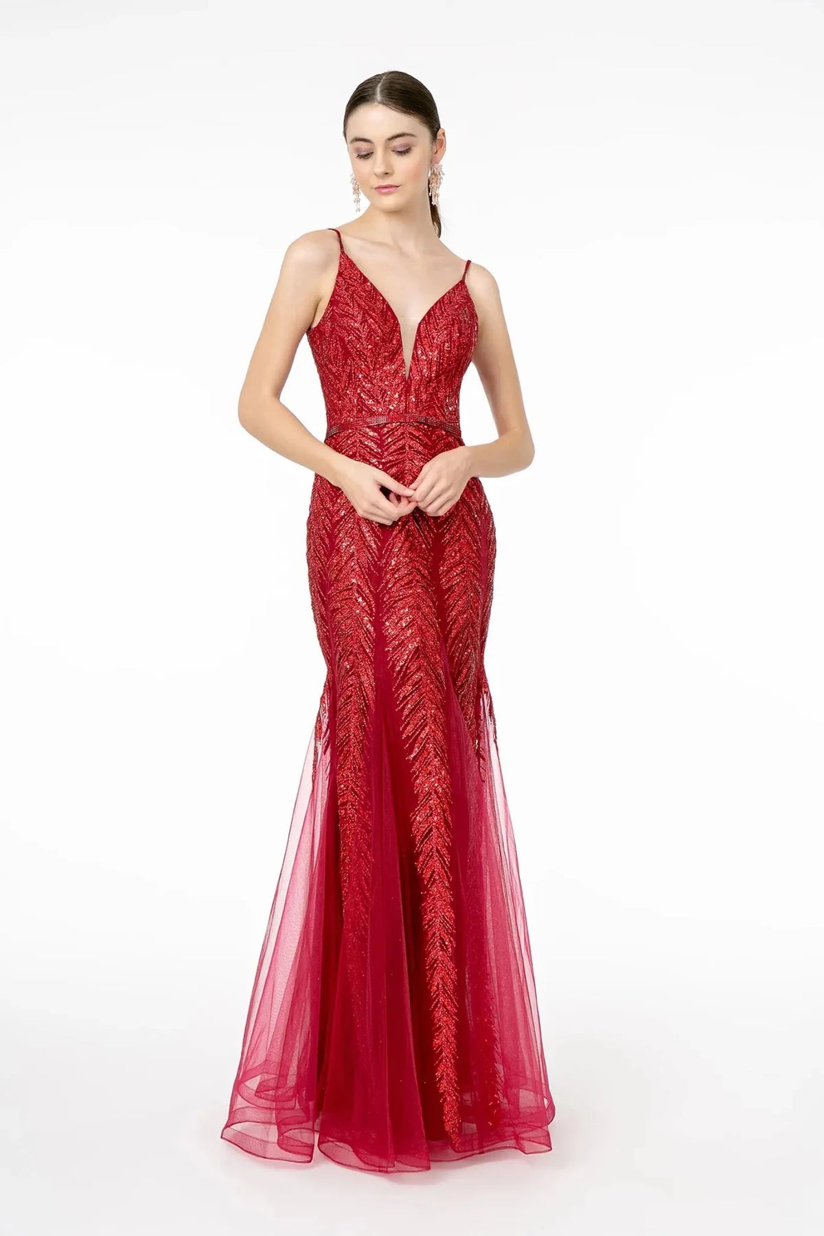 Wine sequin prom evening dress full front
