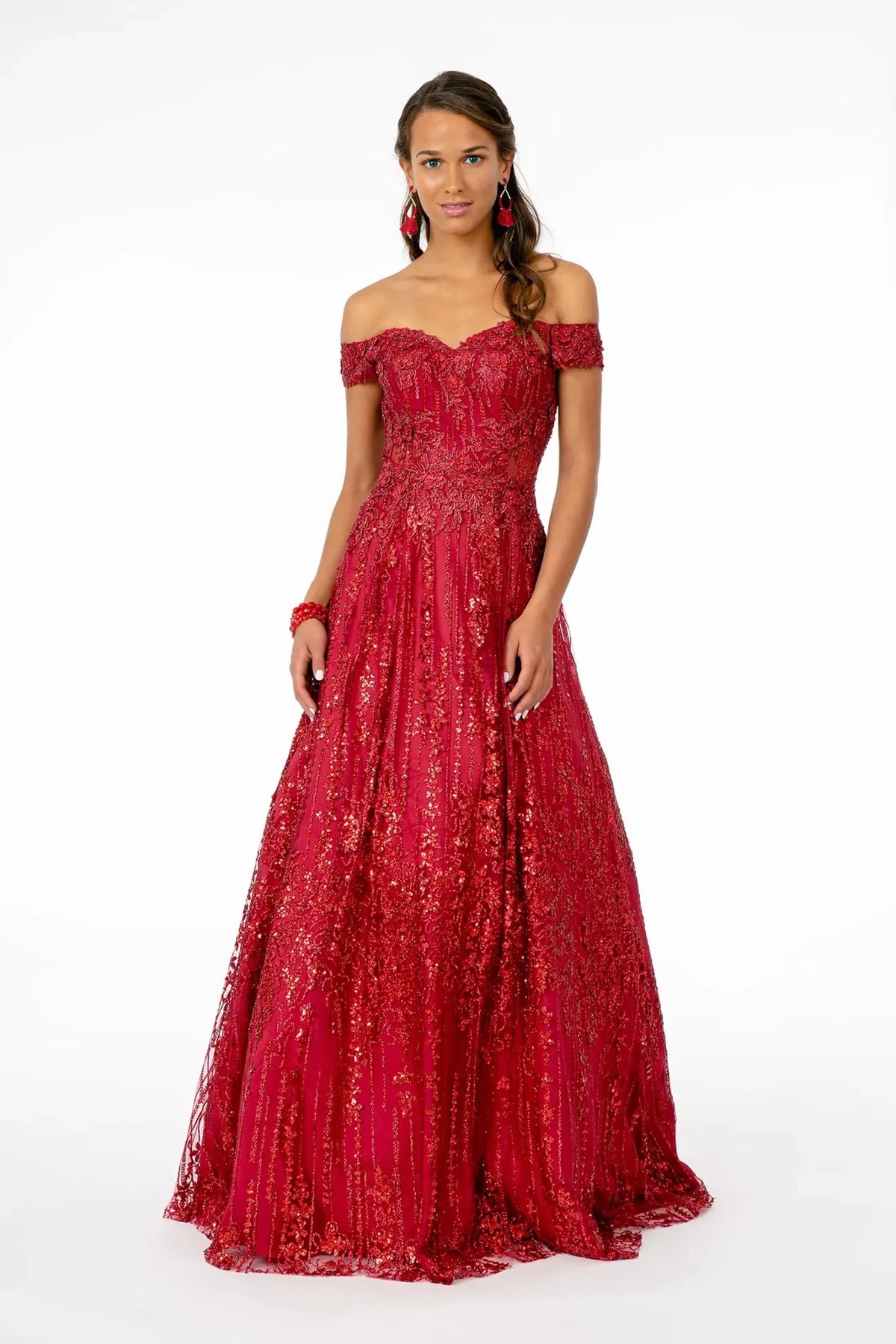 Wine embroidered off-shoulder prom evening dress full front