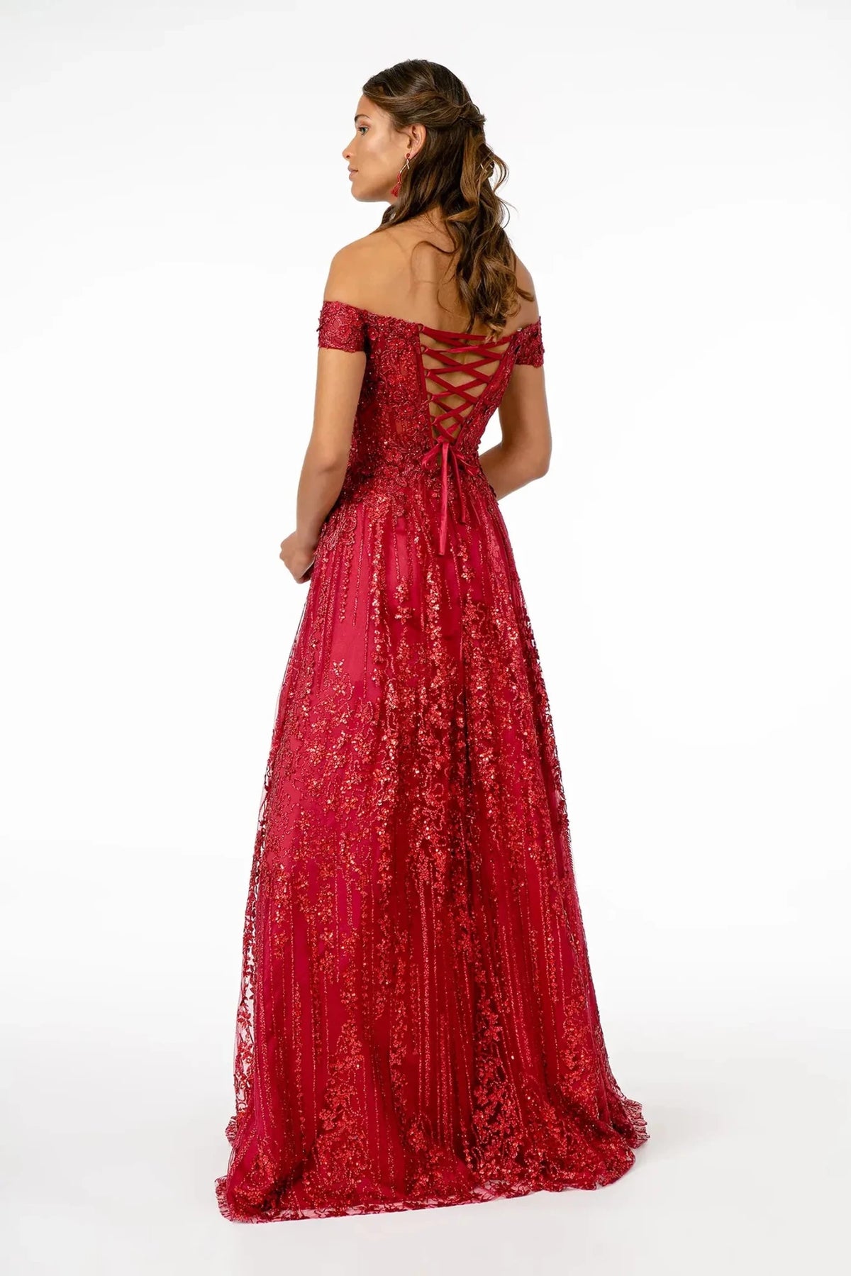 Wine prom evening dress full back with lace-up back
