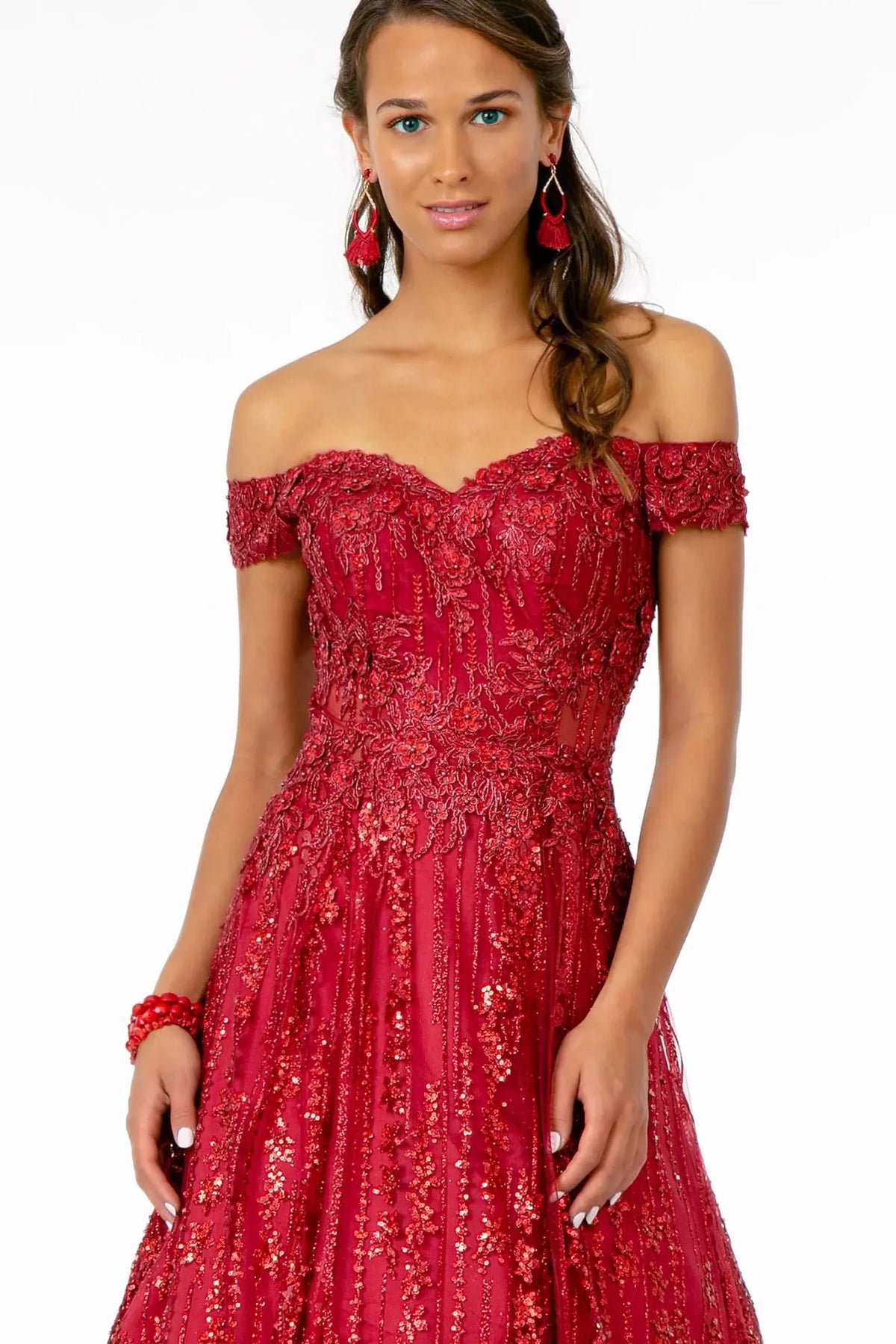 Wine sweetheart prom evening dress upper front with beads, embroidery, glitter, sequin