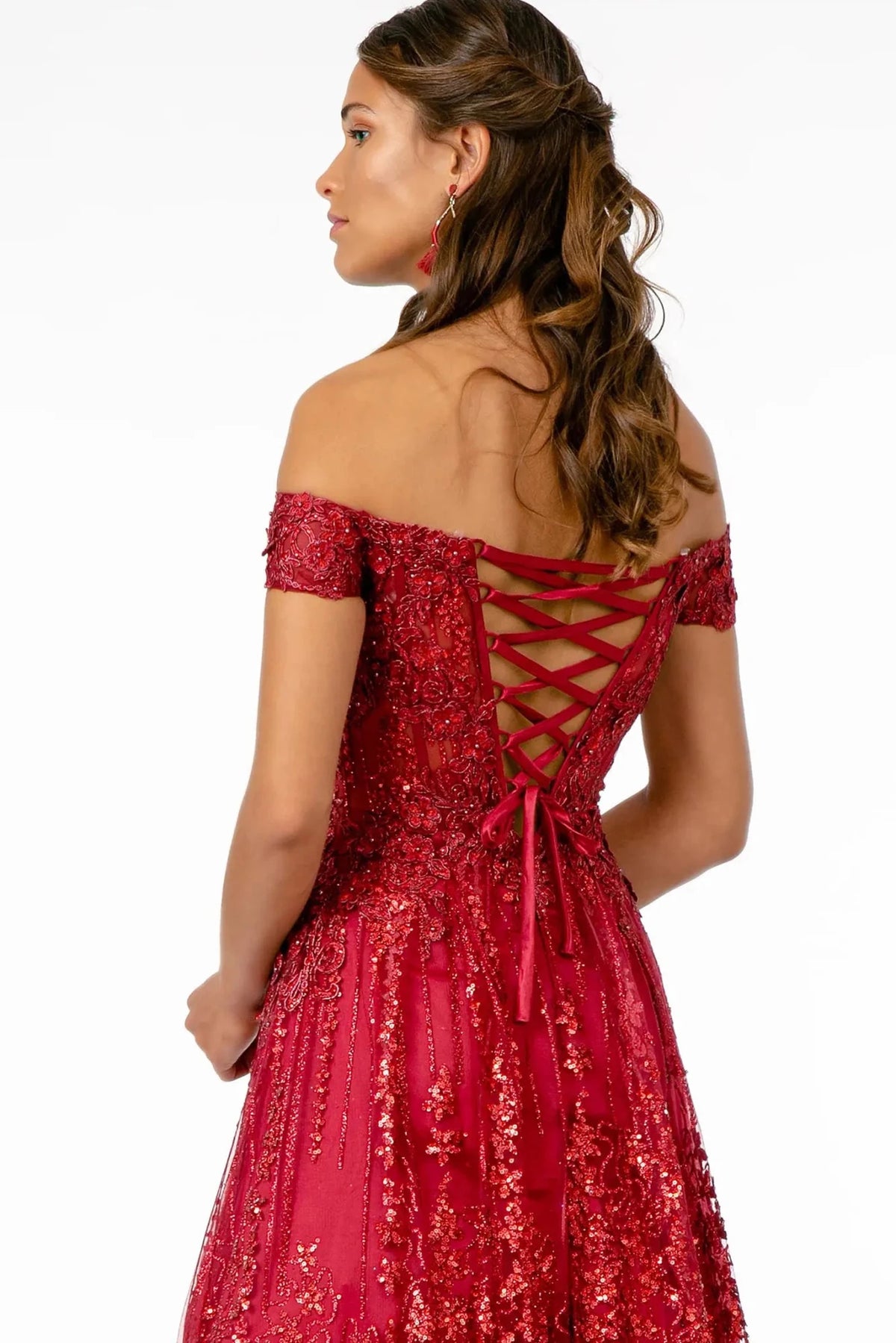 Wine prom evening dress a-line skirt detail