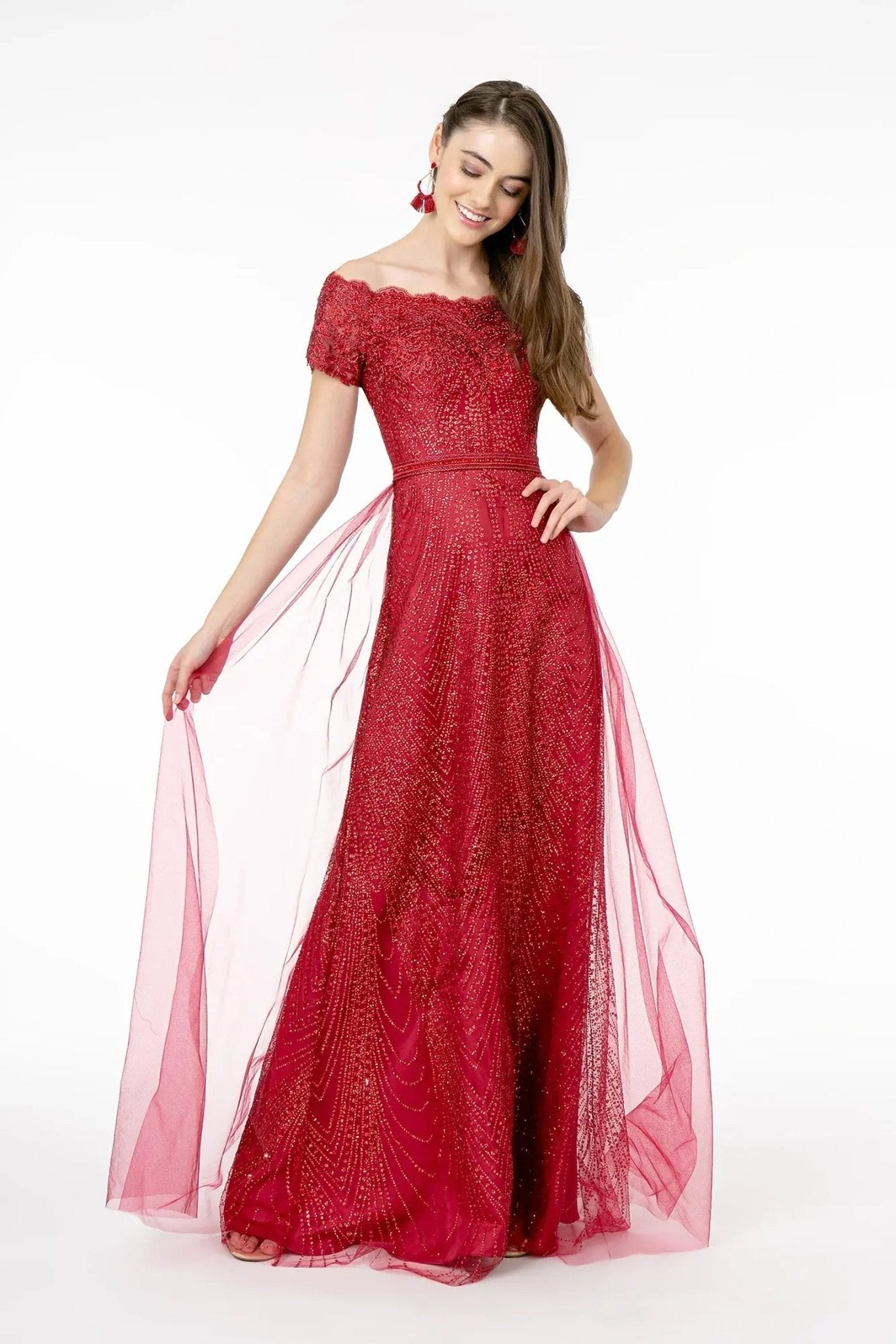 Burgundy beading embellished embroidery formal dress back bodice detail
