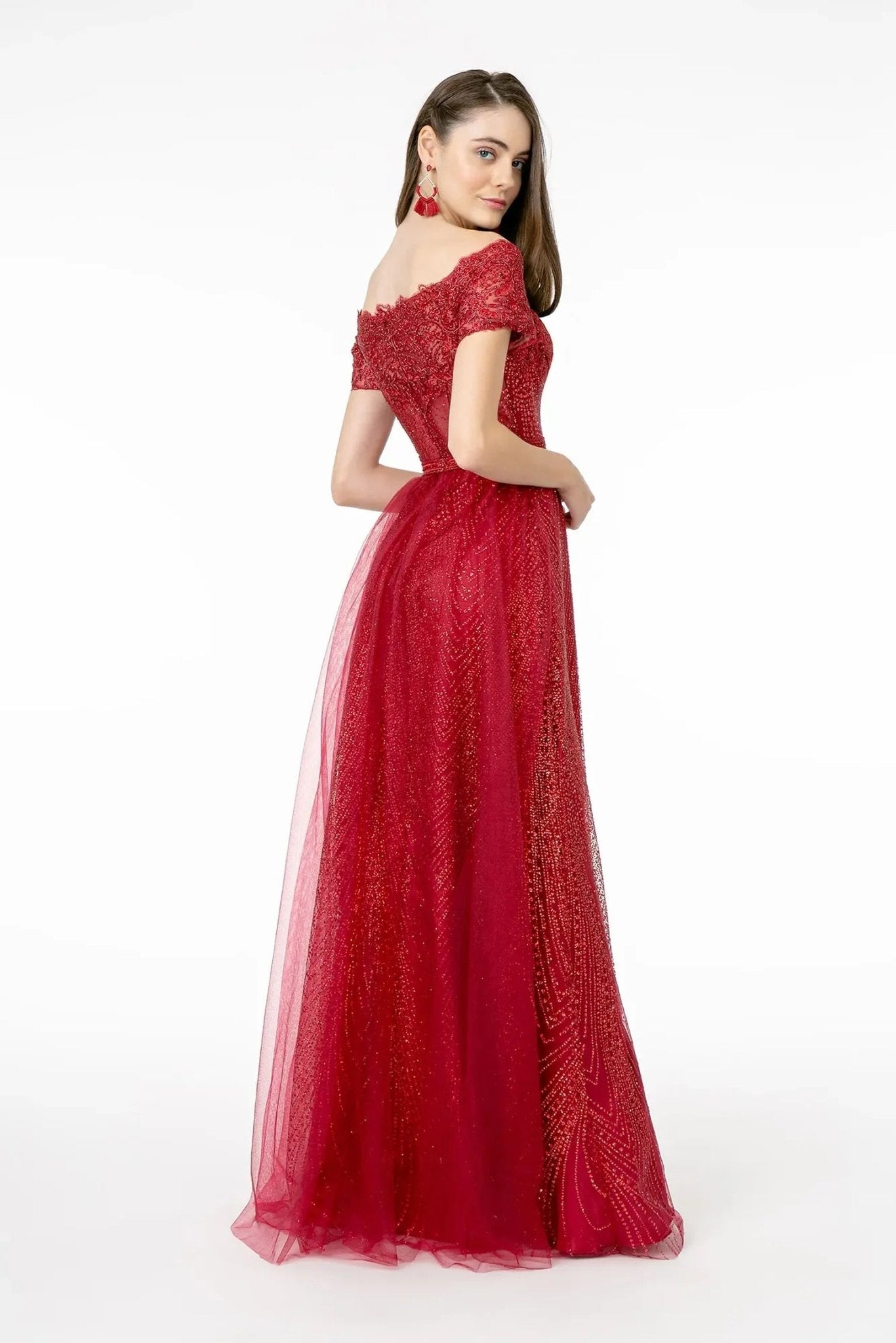 Burgundy beading embellished embroidery formal dress full front view