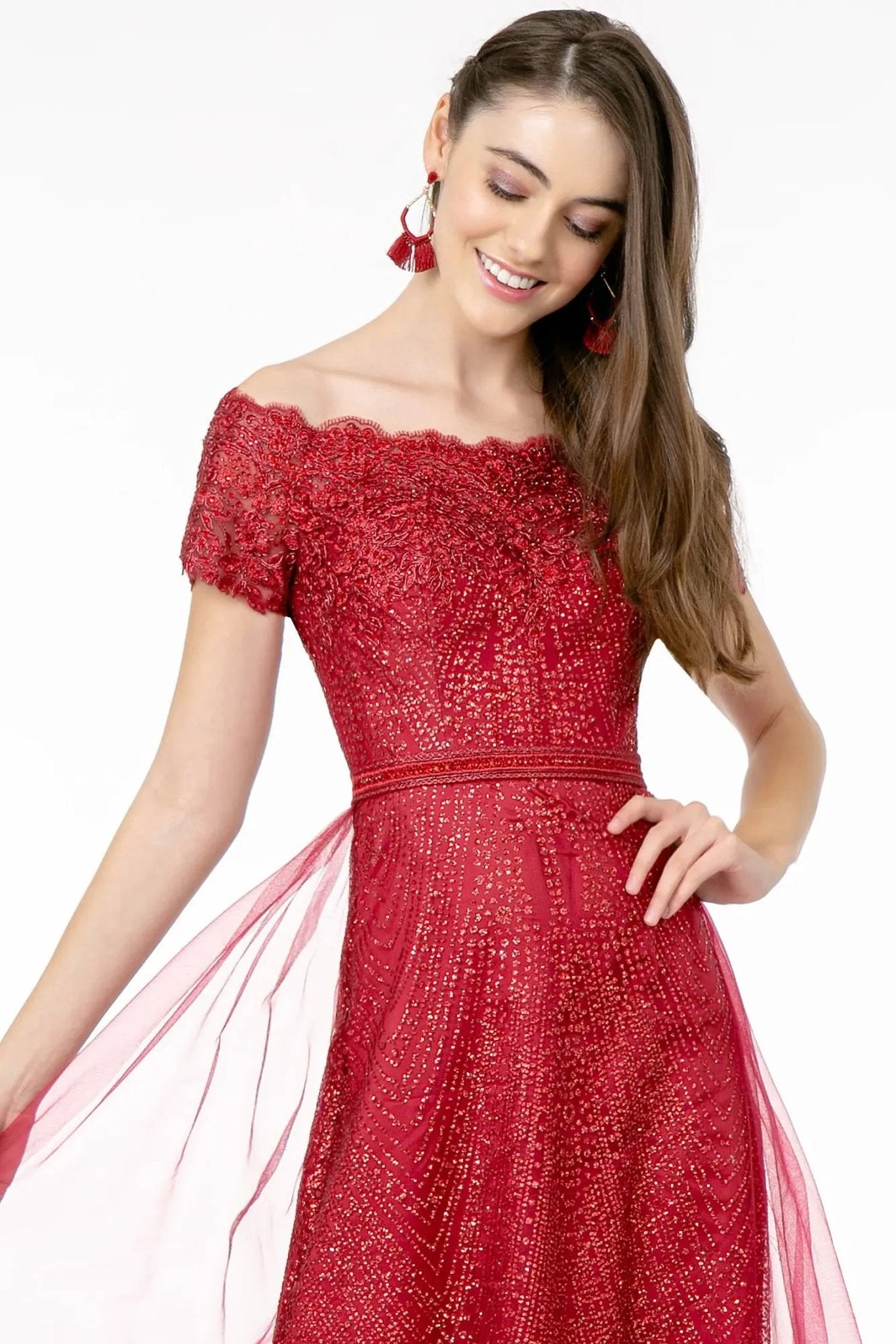 Burgundy beading embellished embroidery formal dress full back view