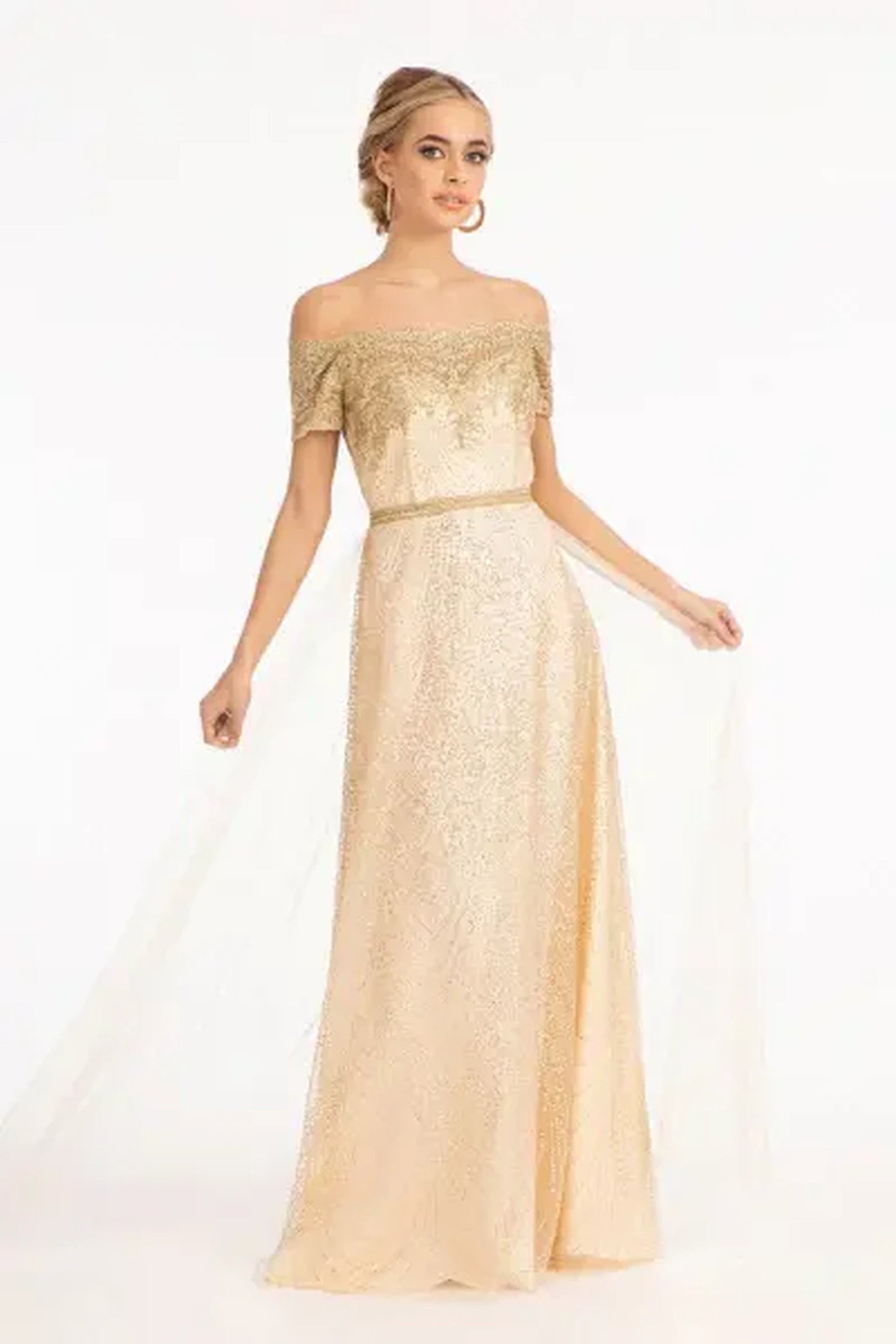 Champagne beading embellished embroidery formal dress full front view