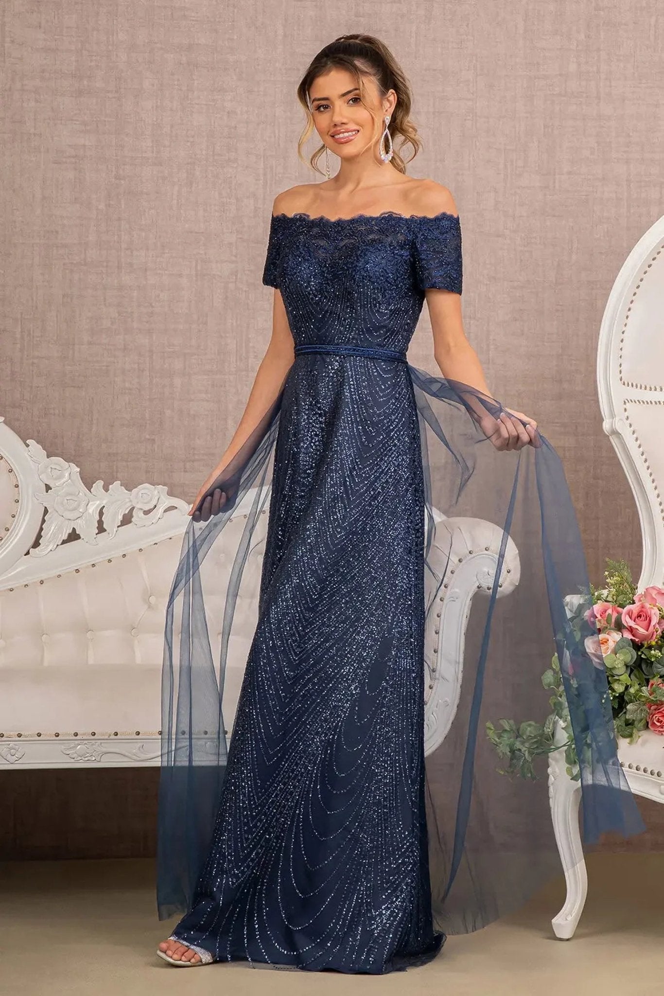 Navy beading embellished embroidery formal dress front bodice view