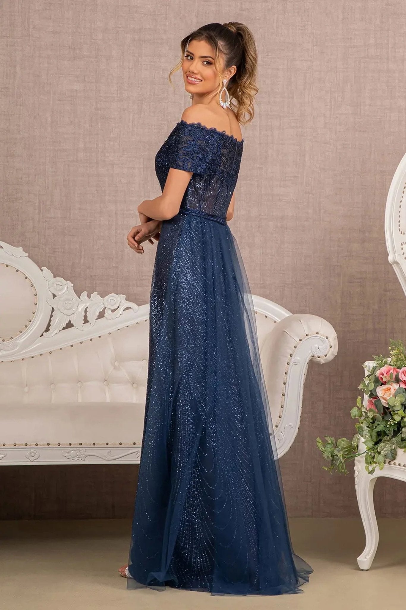 Navy beading embellished embroidery formal dress back bodice detail