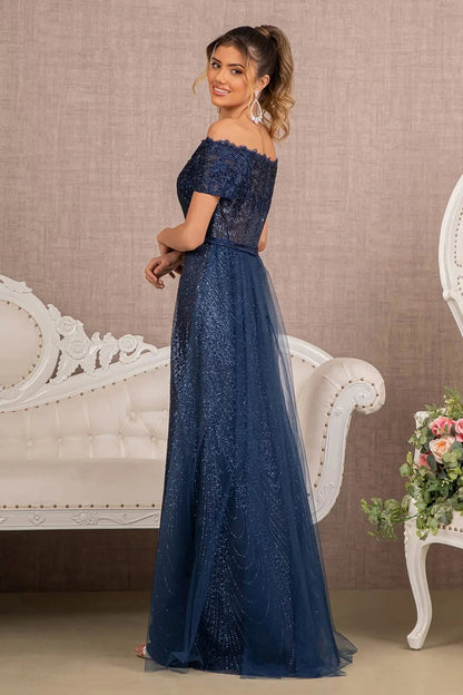 Back detail shows navy beading embellished embroidery formal dress back bodice detail.