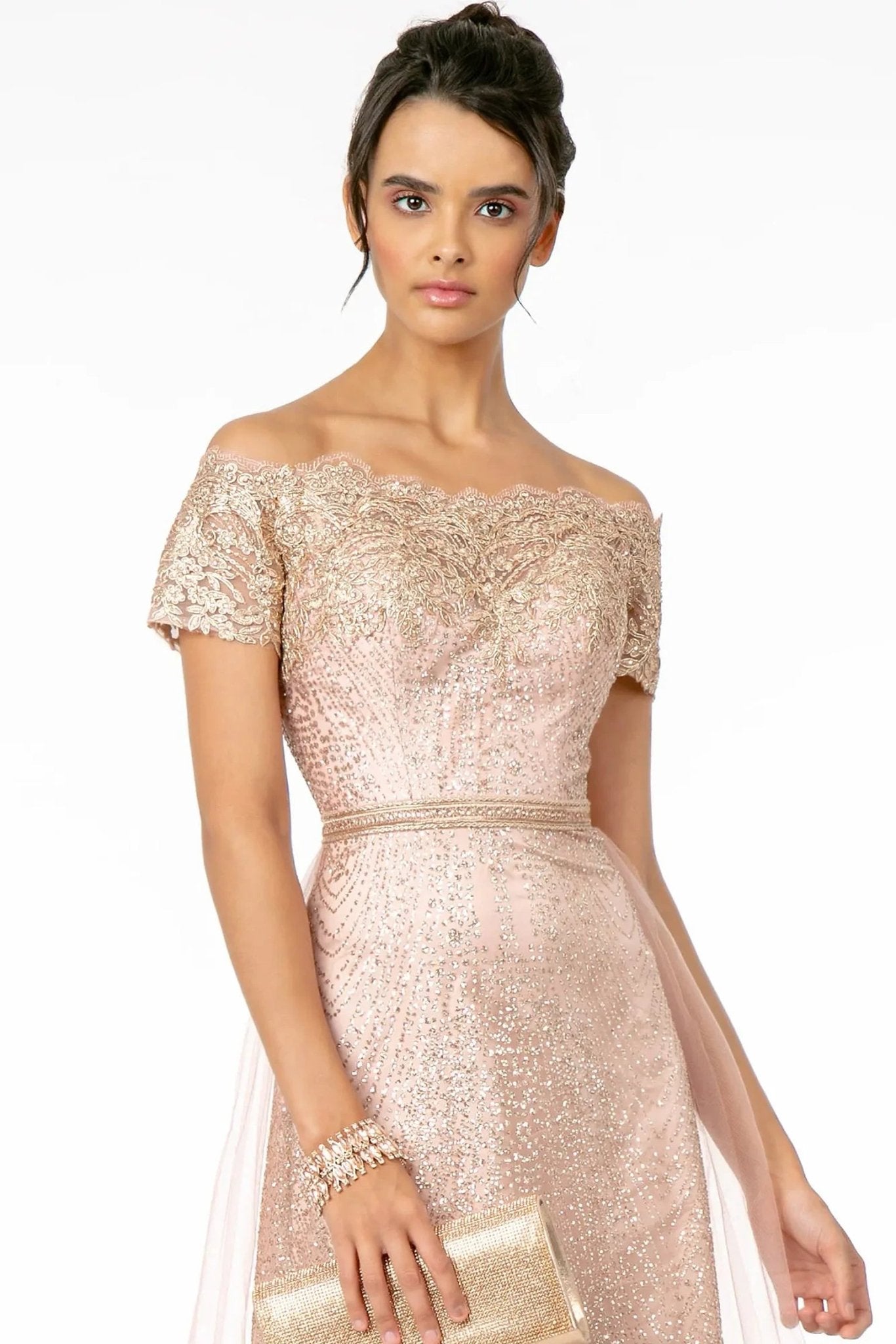 Rose Gold beading embellished embroidery formal dress full front view