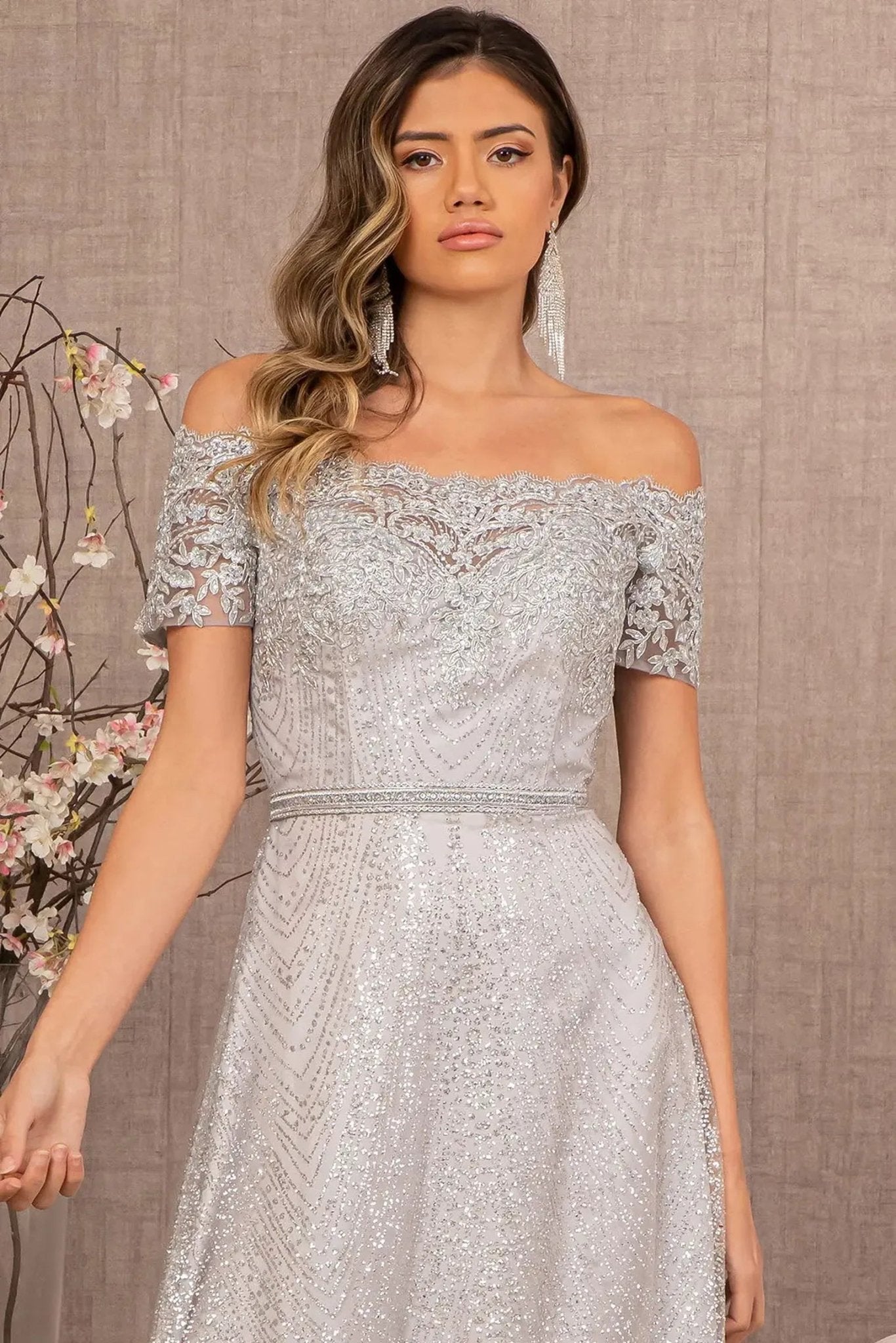 Silver beading embellished embroidery formal dress full front view