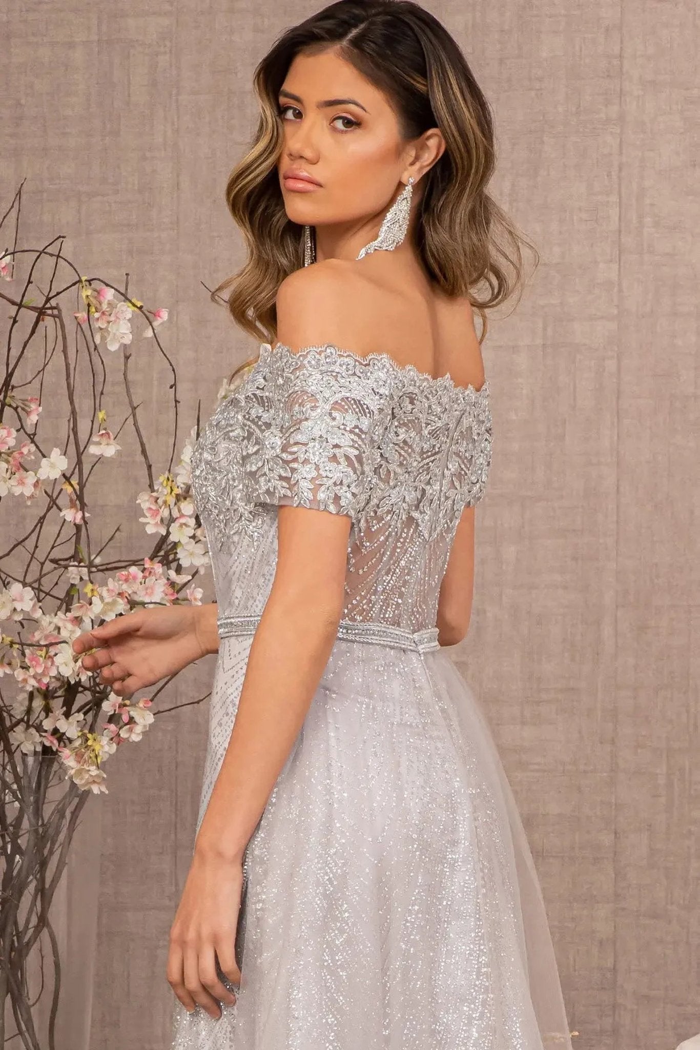 Silver beading embellished embroidery formal dress detail