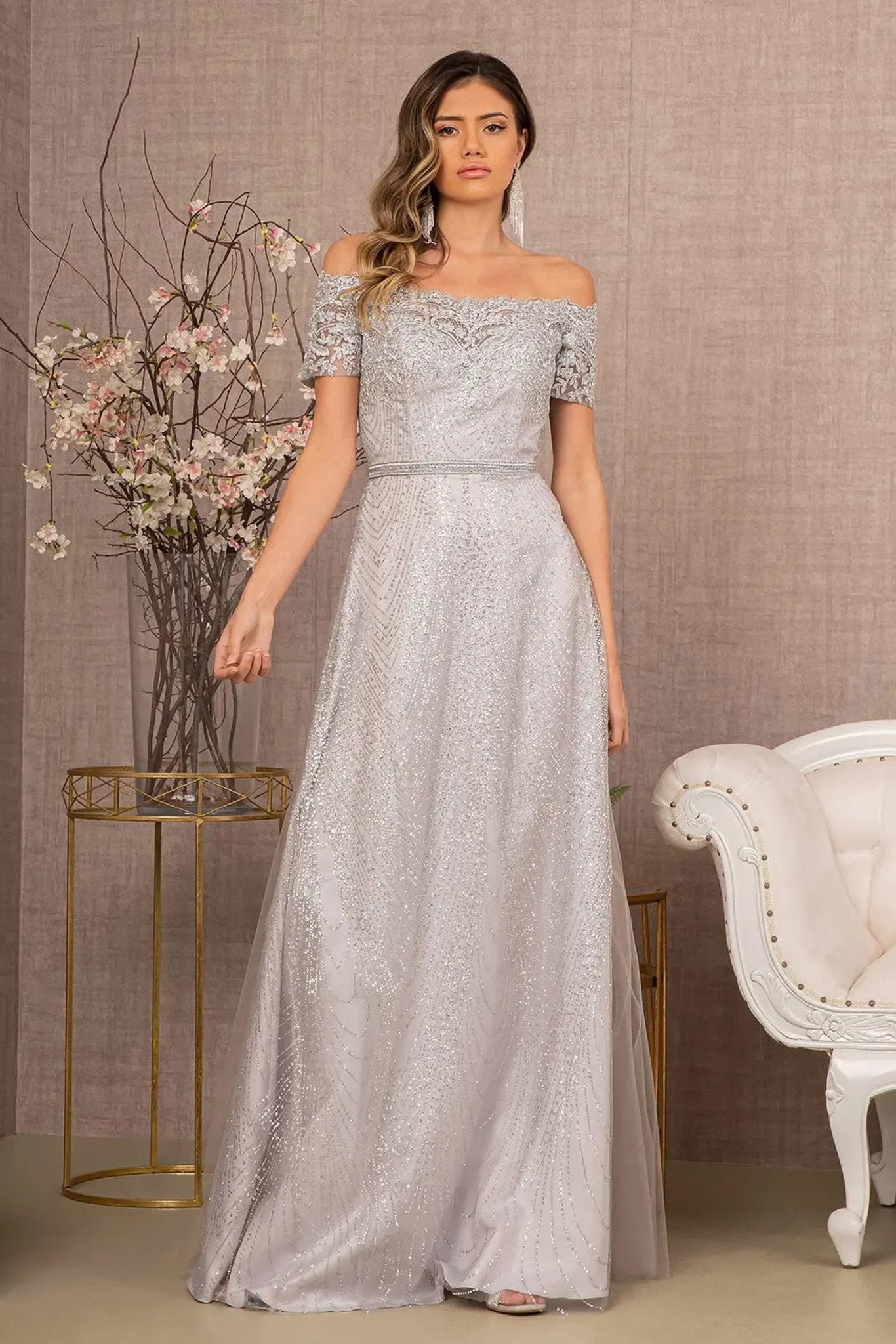 Silver beading embellished embroidery formal dress detail
