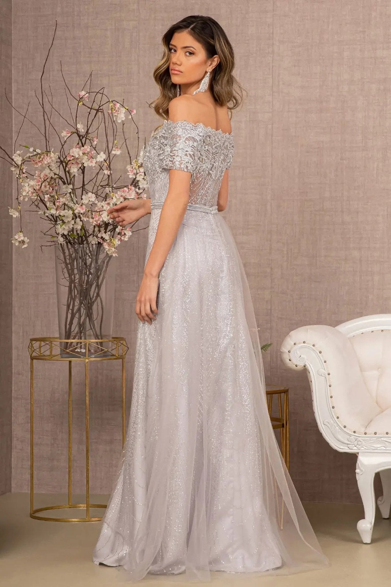 Silver beading embellished embroidery formal dress side detail
