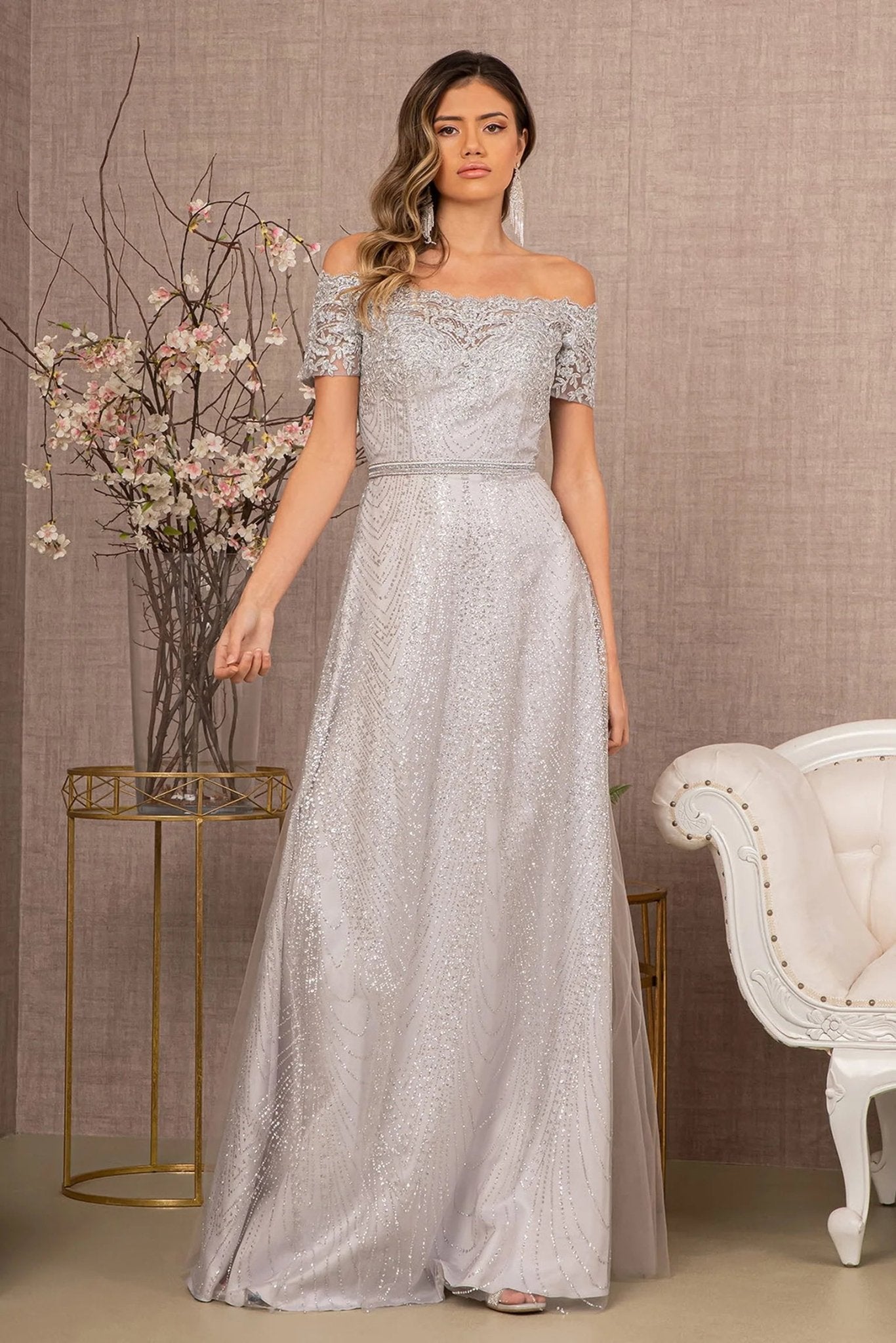 Silver beading embellished embroidery formal dress skirt detail