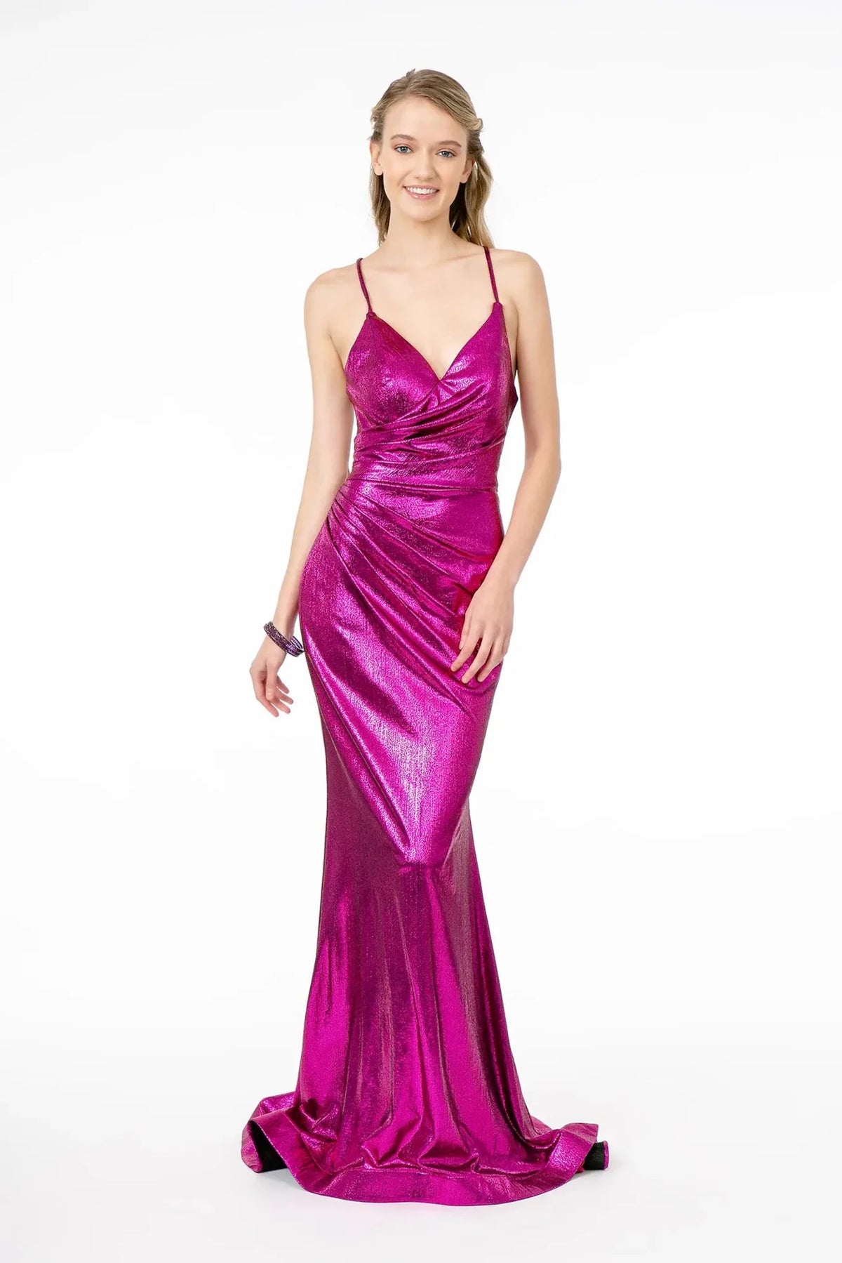 Fuchsia metallic prom evening dress full front