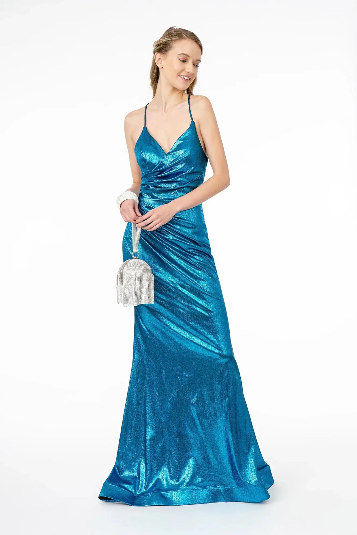 Turquoise metallic prom evening dress full front