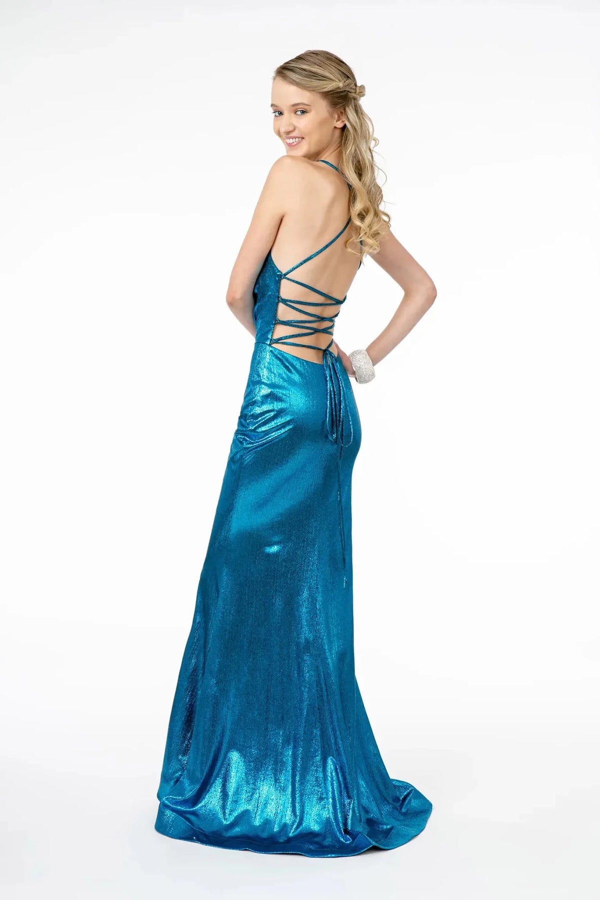 Turquoise prom evening dress full back with lace-up back