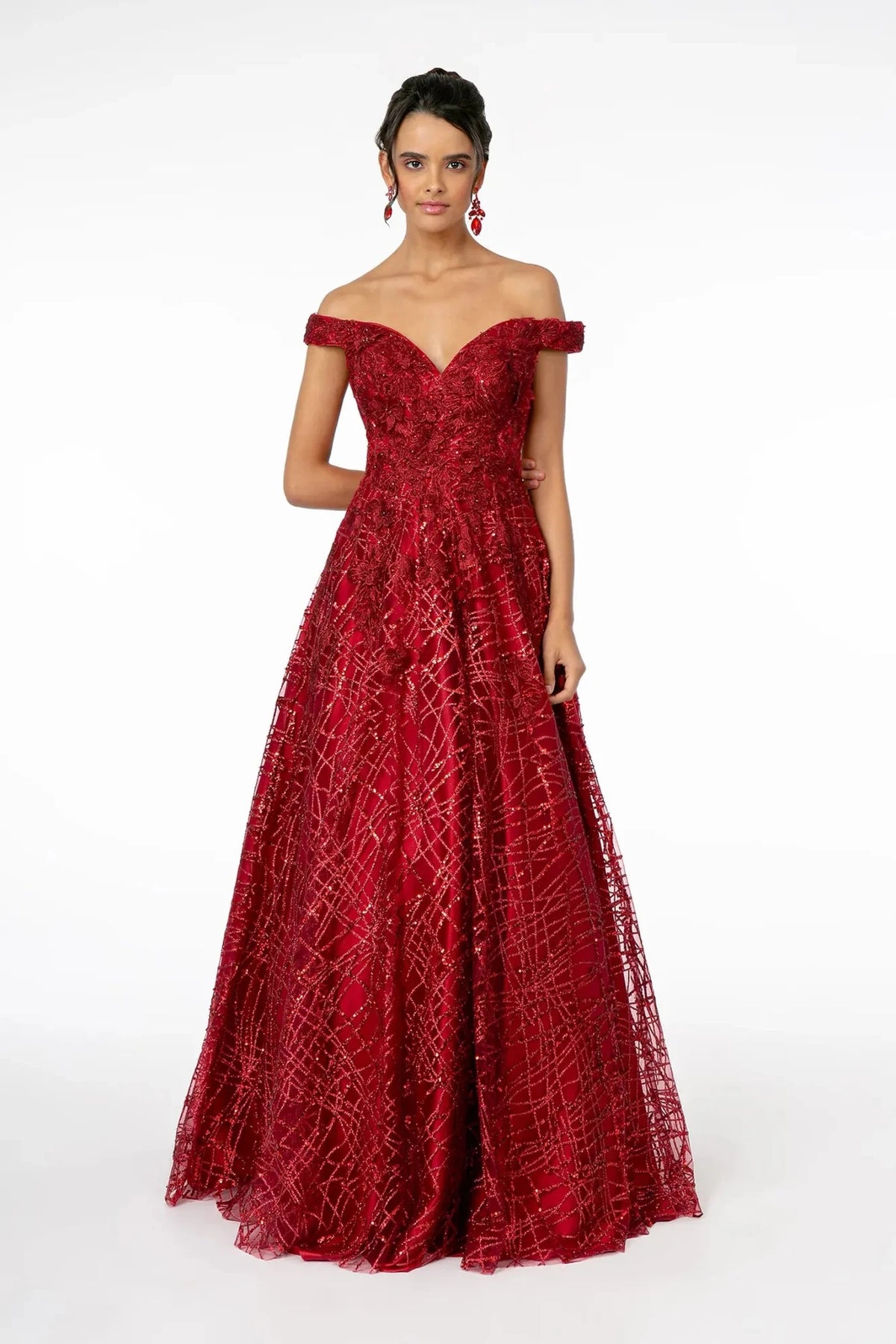 Burgundy embroidered prom evening dress full front
