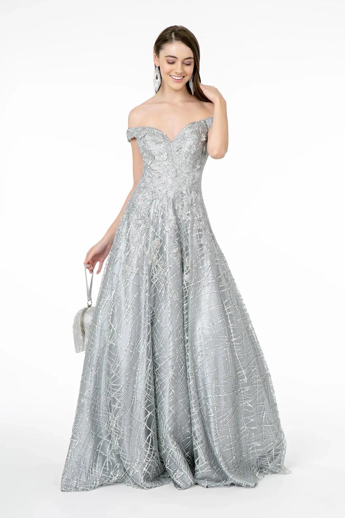 Silver embroidered prom evening dress full front