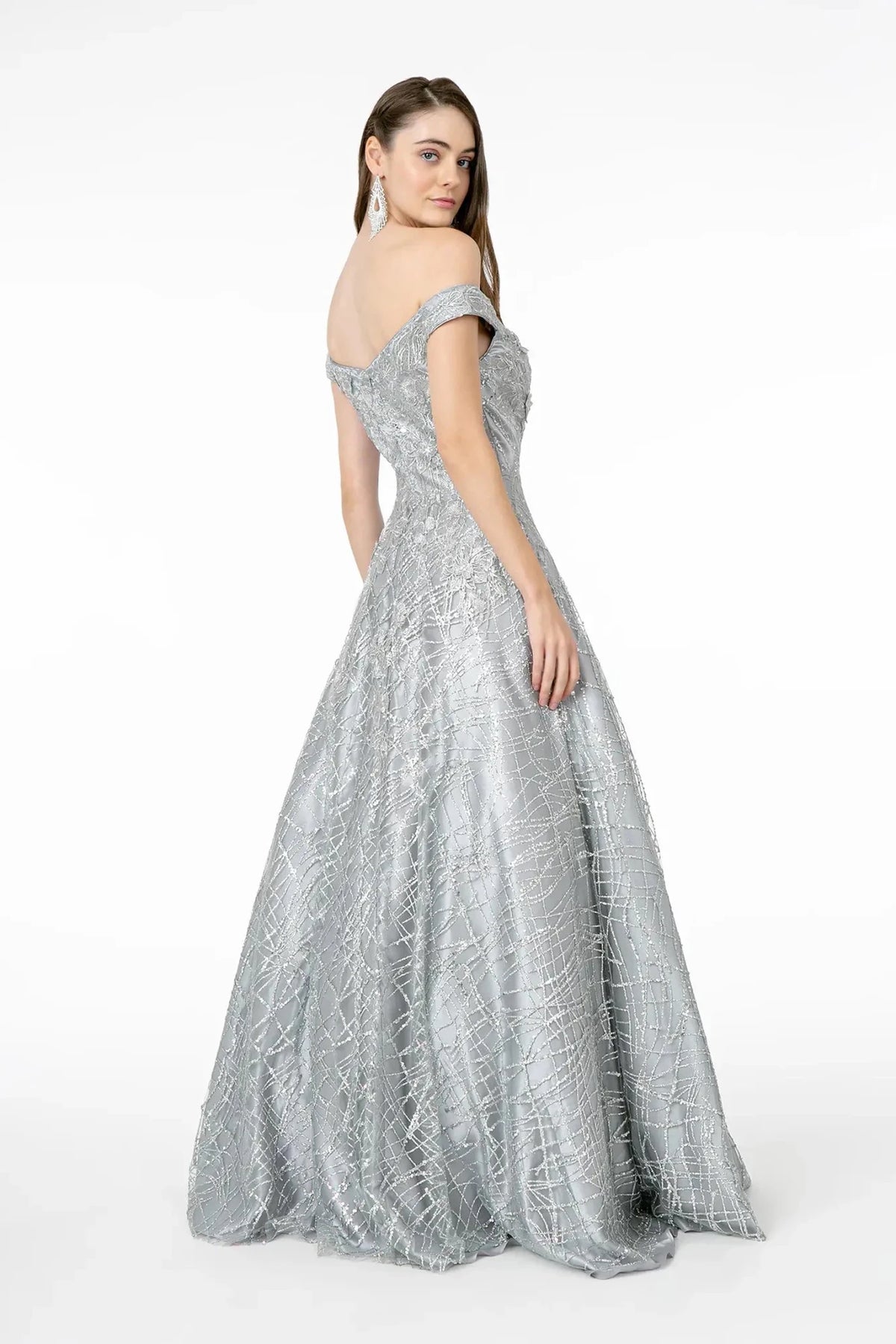 Silver prom evening dress full back with back detail