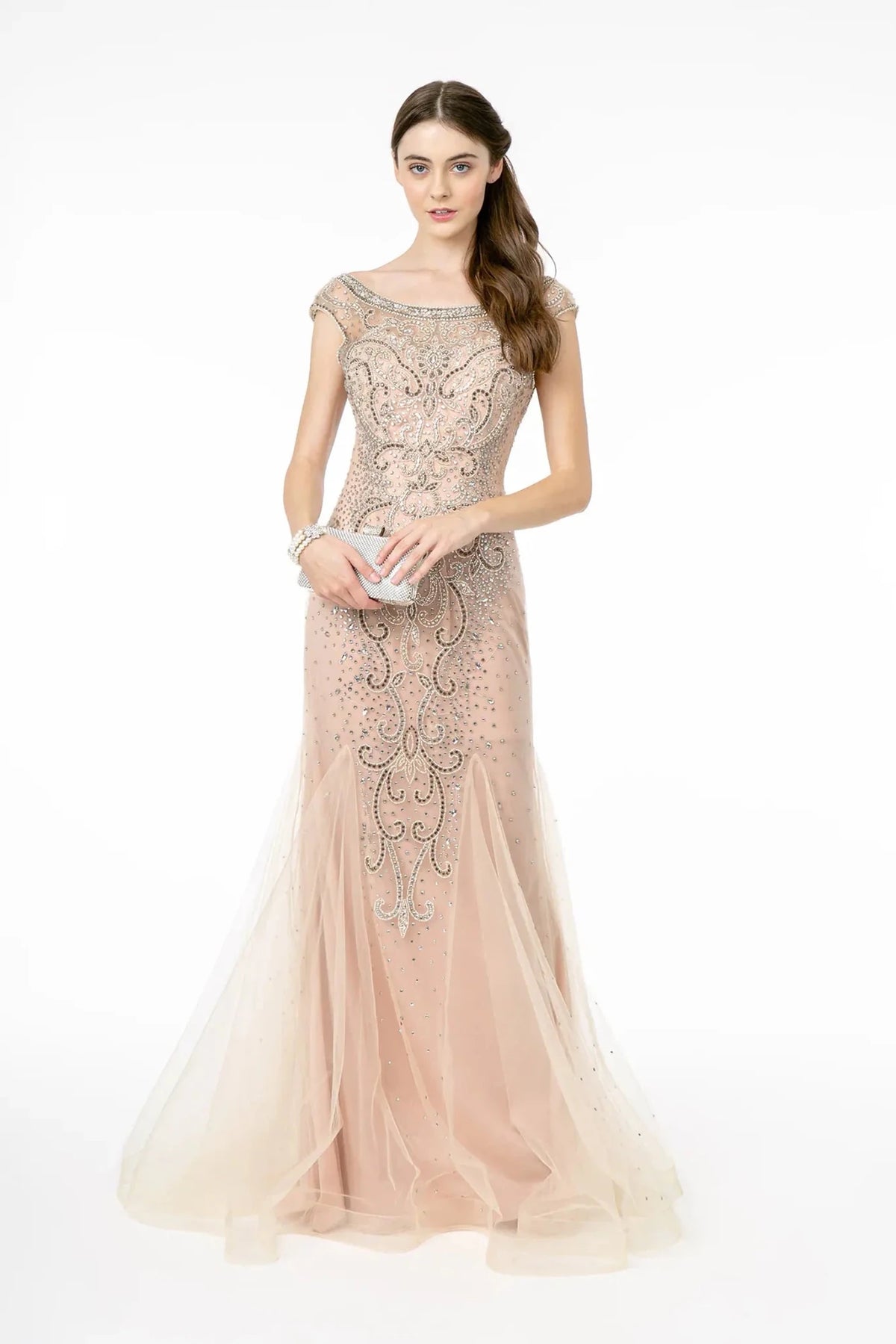 Blush beaded prom evening dress full front