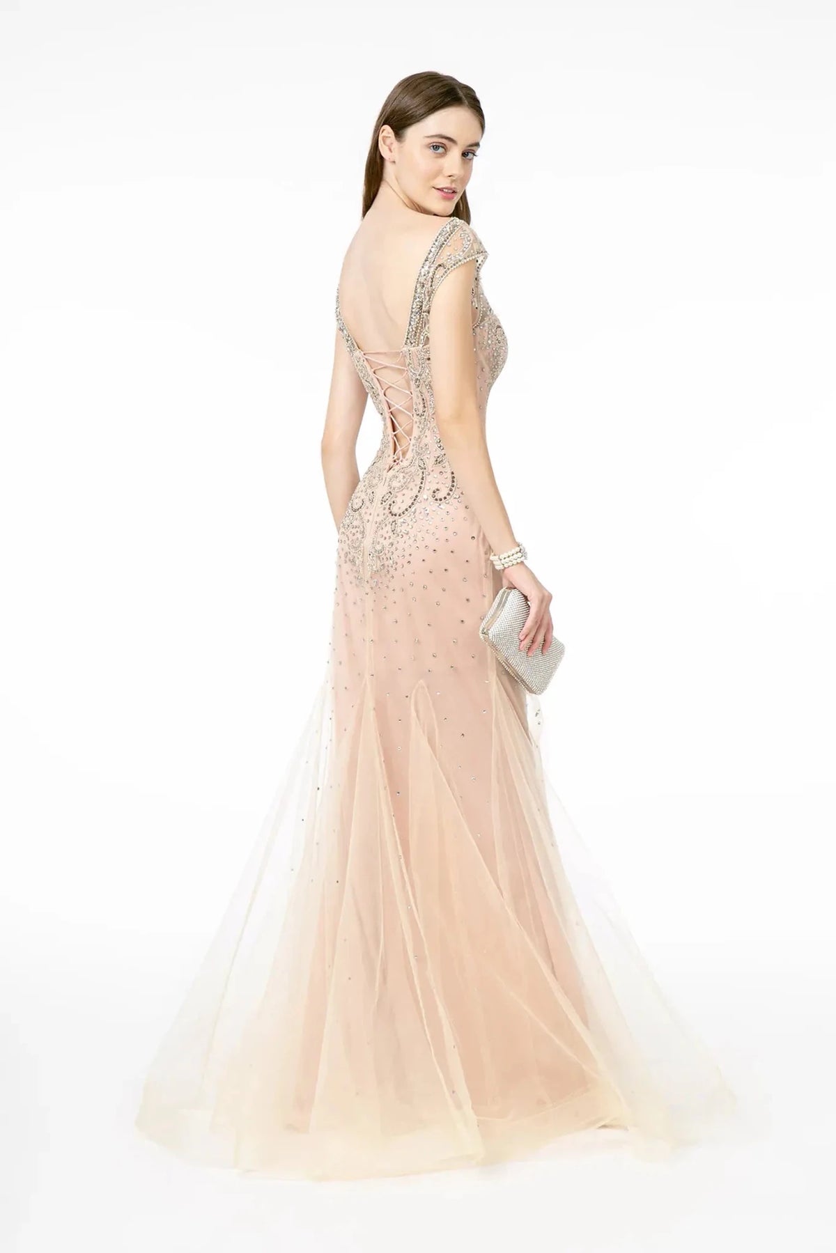Blush prom evening dress full back with lace-up back