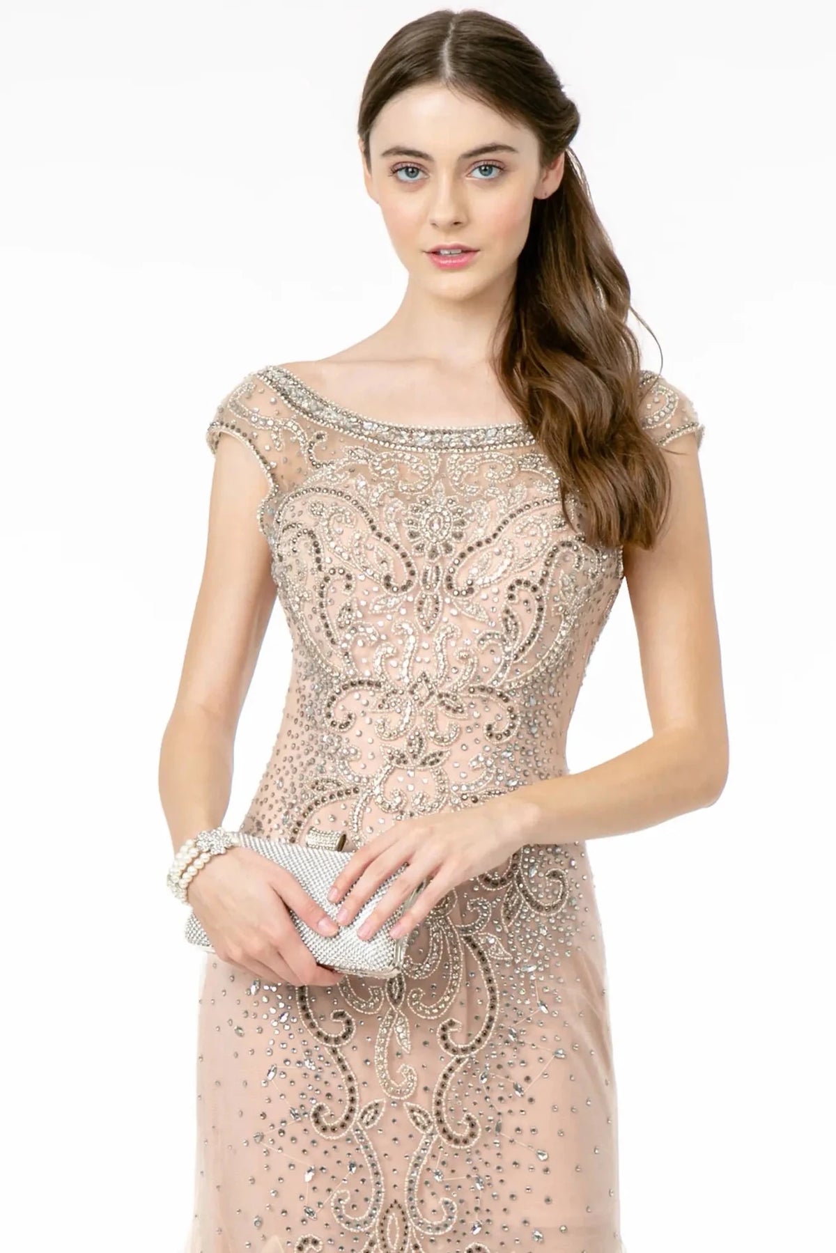 Blush scoop-neck prom evening dress upper front with beads, jewel