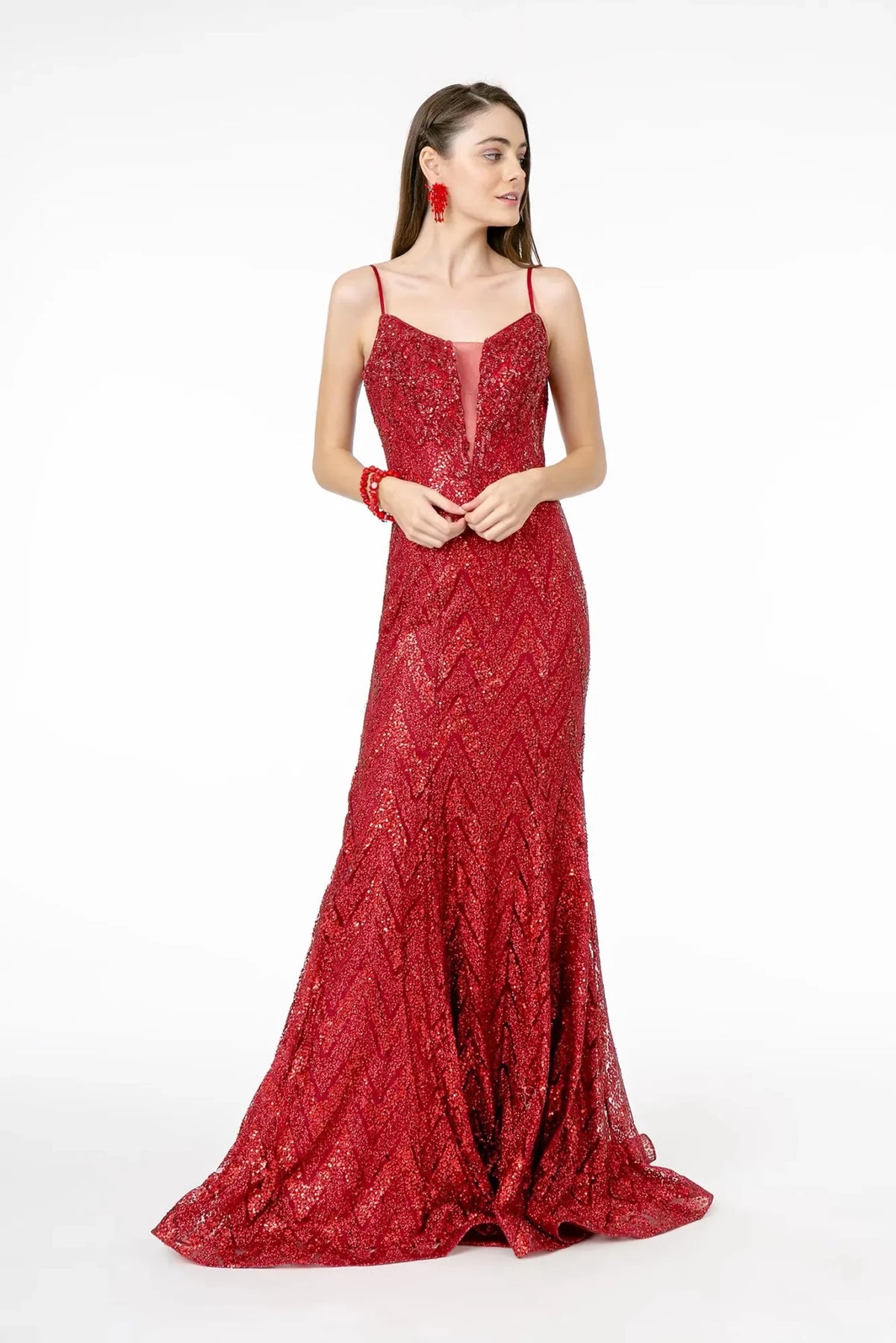 Burgundy sequin prom evening dress full front