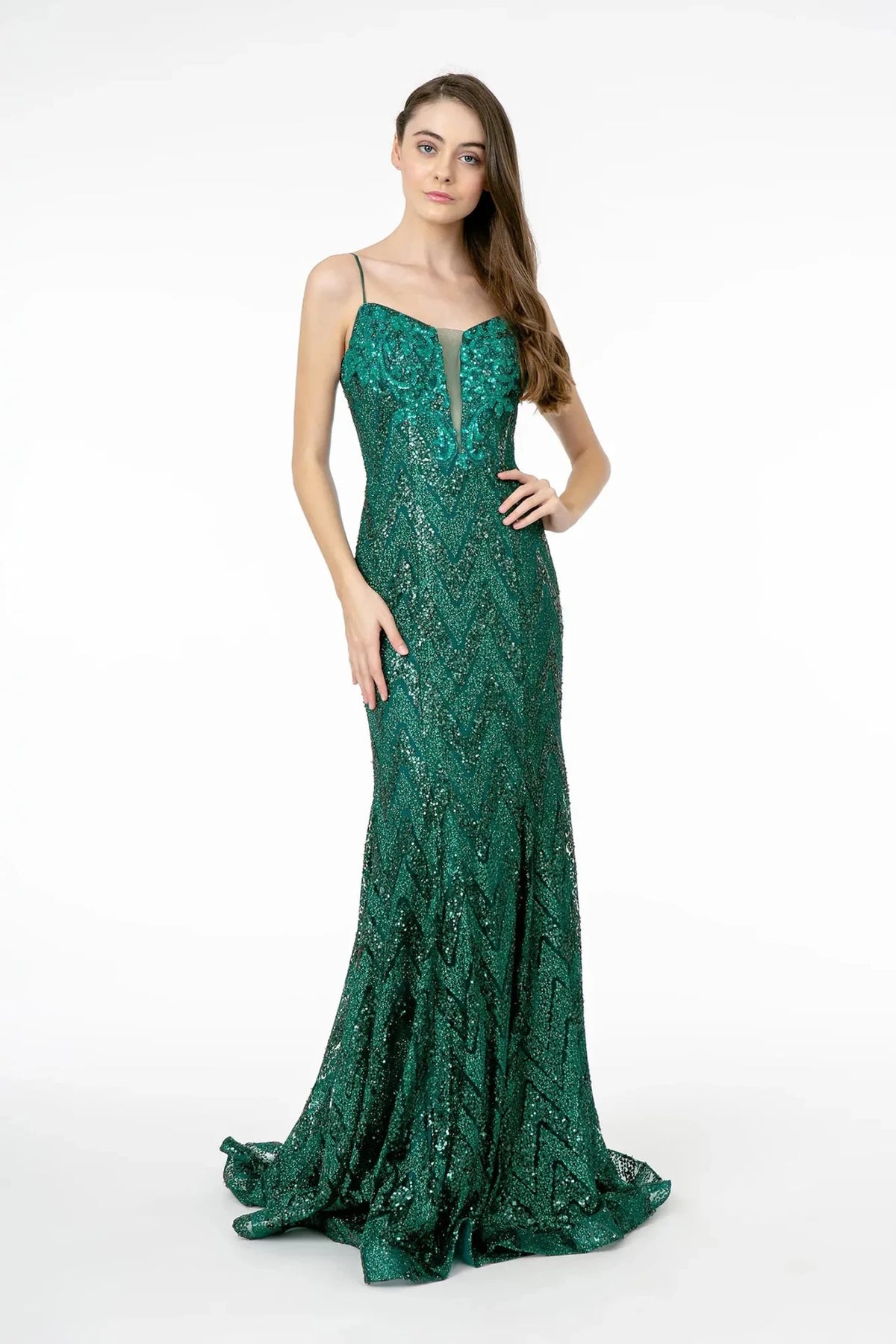Green sequin prom evening dress full front