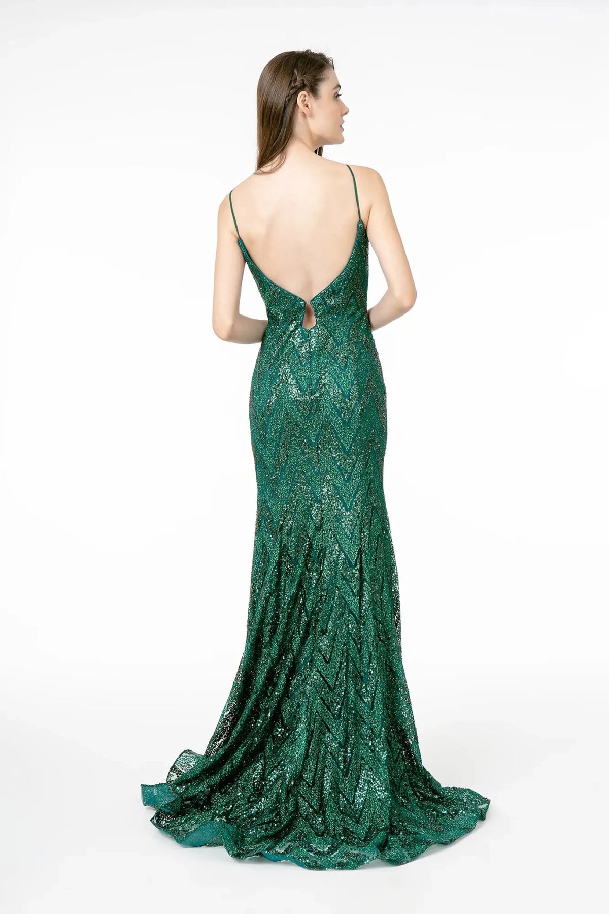 Green prom evening dress full back with open back