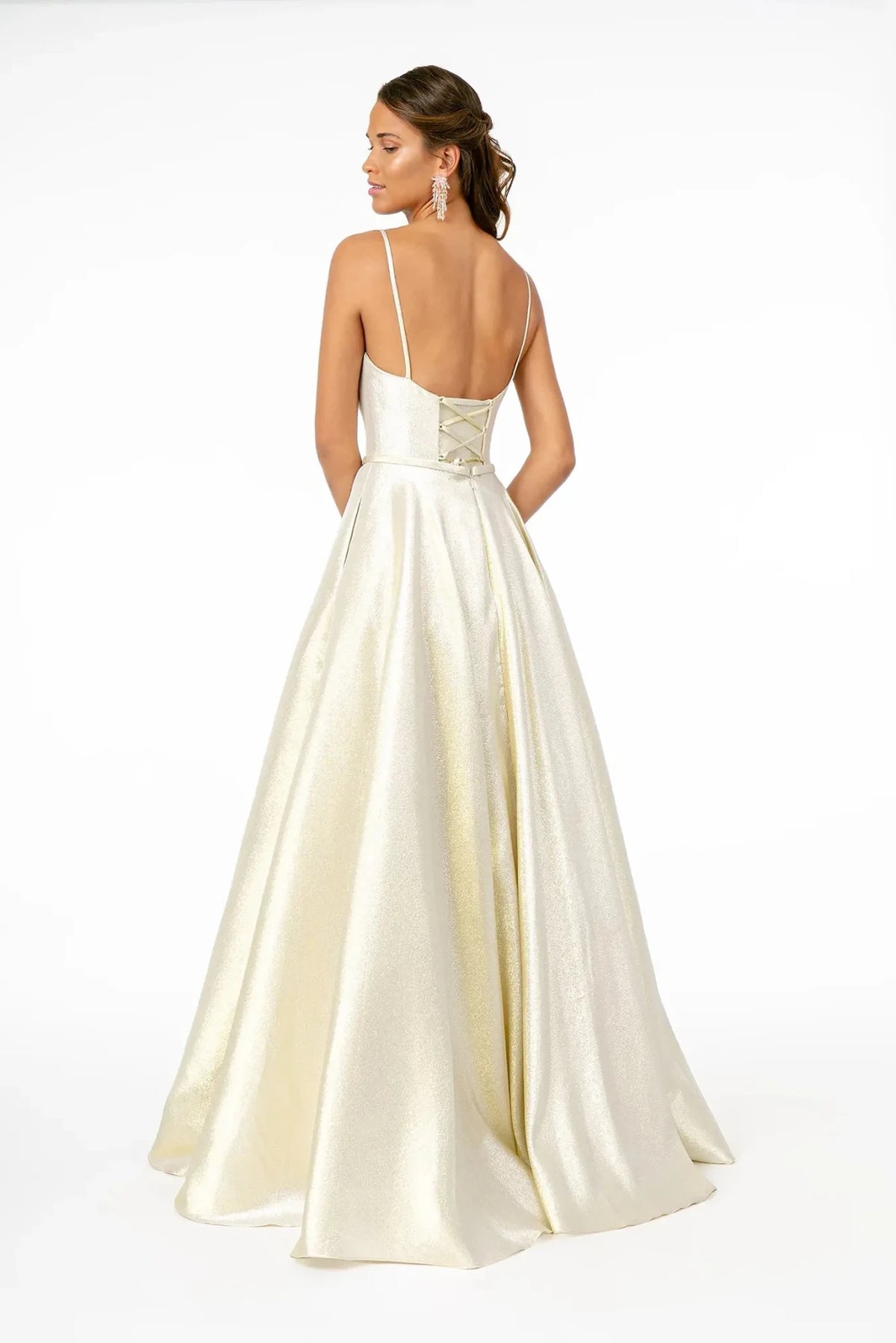 Champagne prom evening dress full back with lace-up back