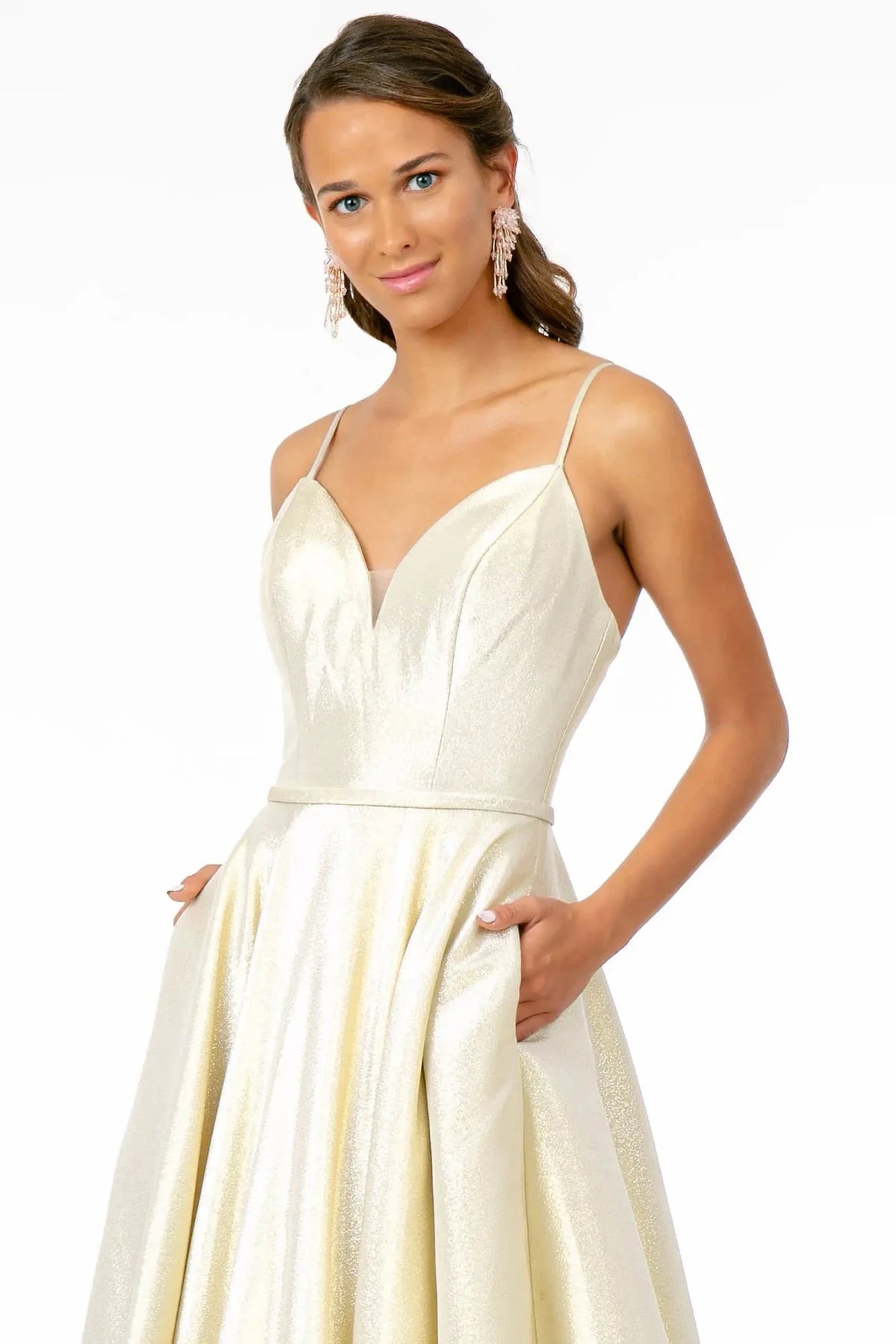 Champagne illusion sweetheart prom evening dress upper front with lace, sweetheart, spaghetti straps