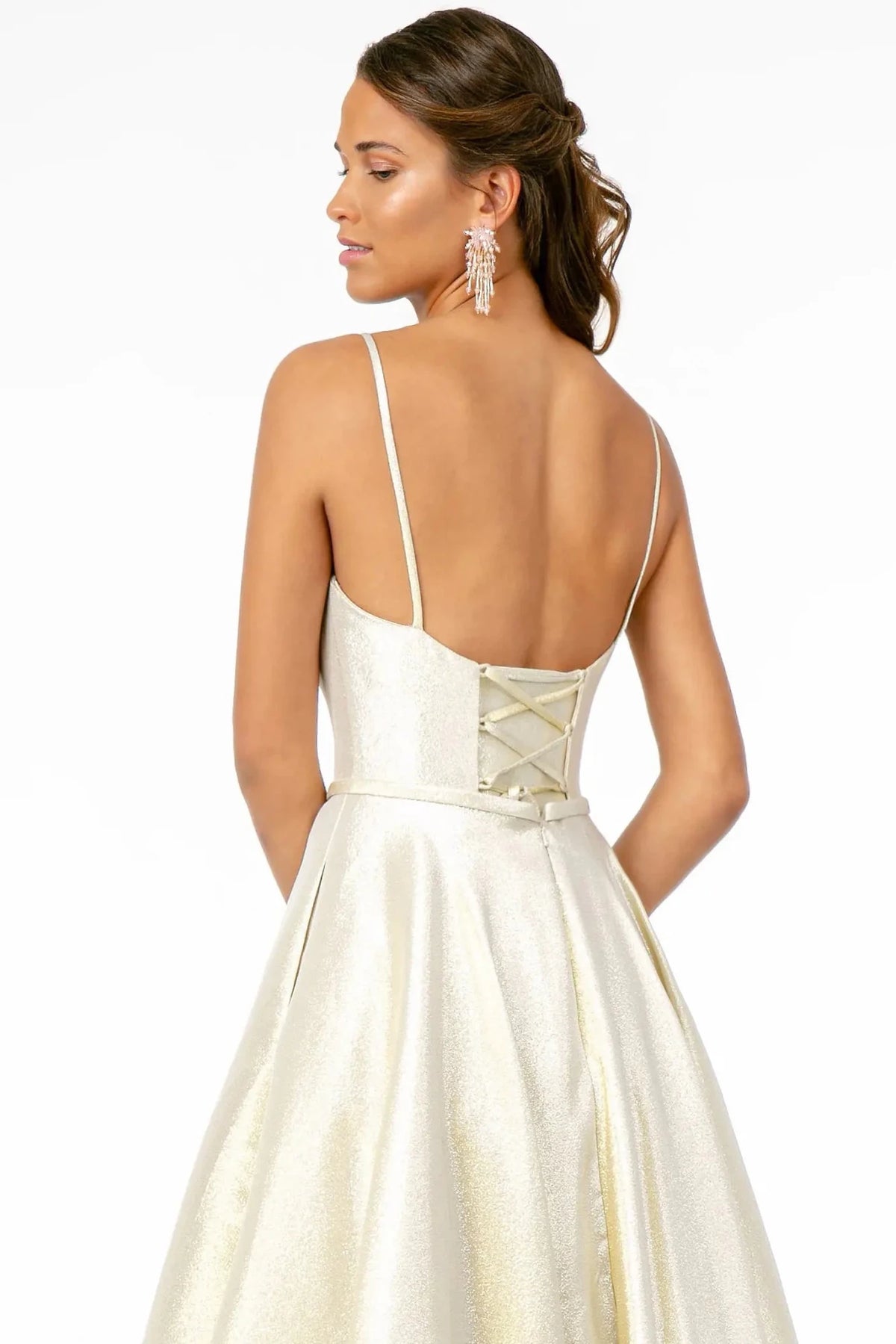 Champagne prom evening dress a-line skirt detail