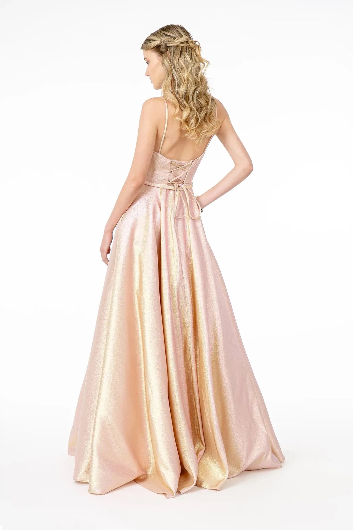 Rose Gold prom evening dress full back with lace-up back