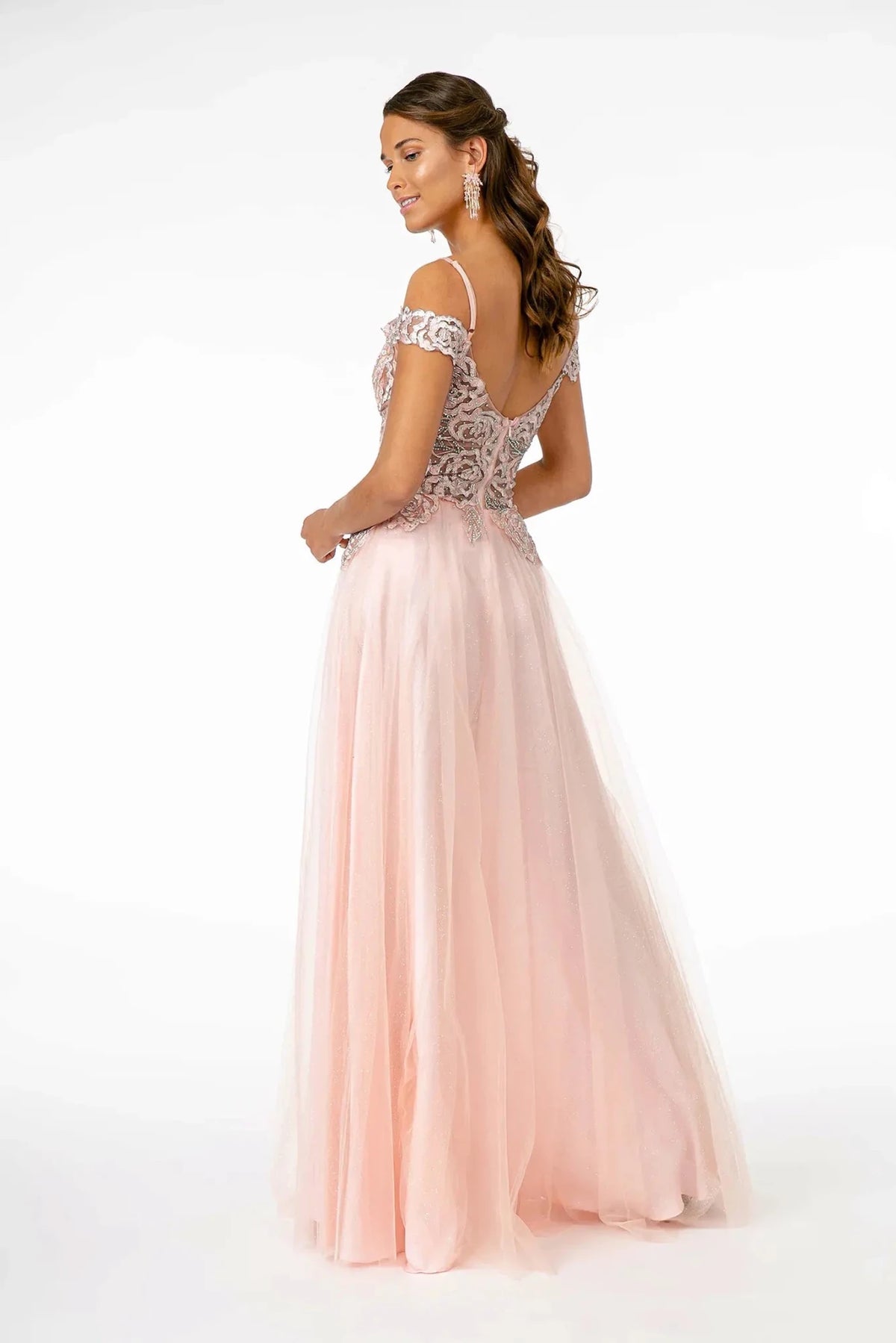 Blush prom evening dress full back with open back