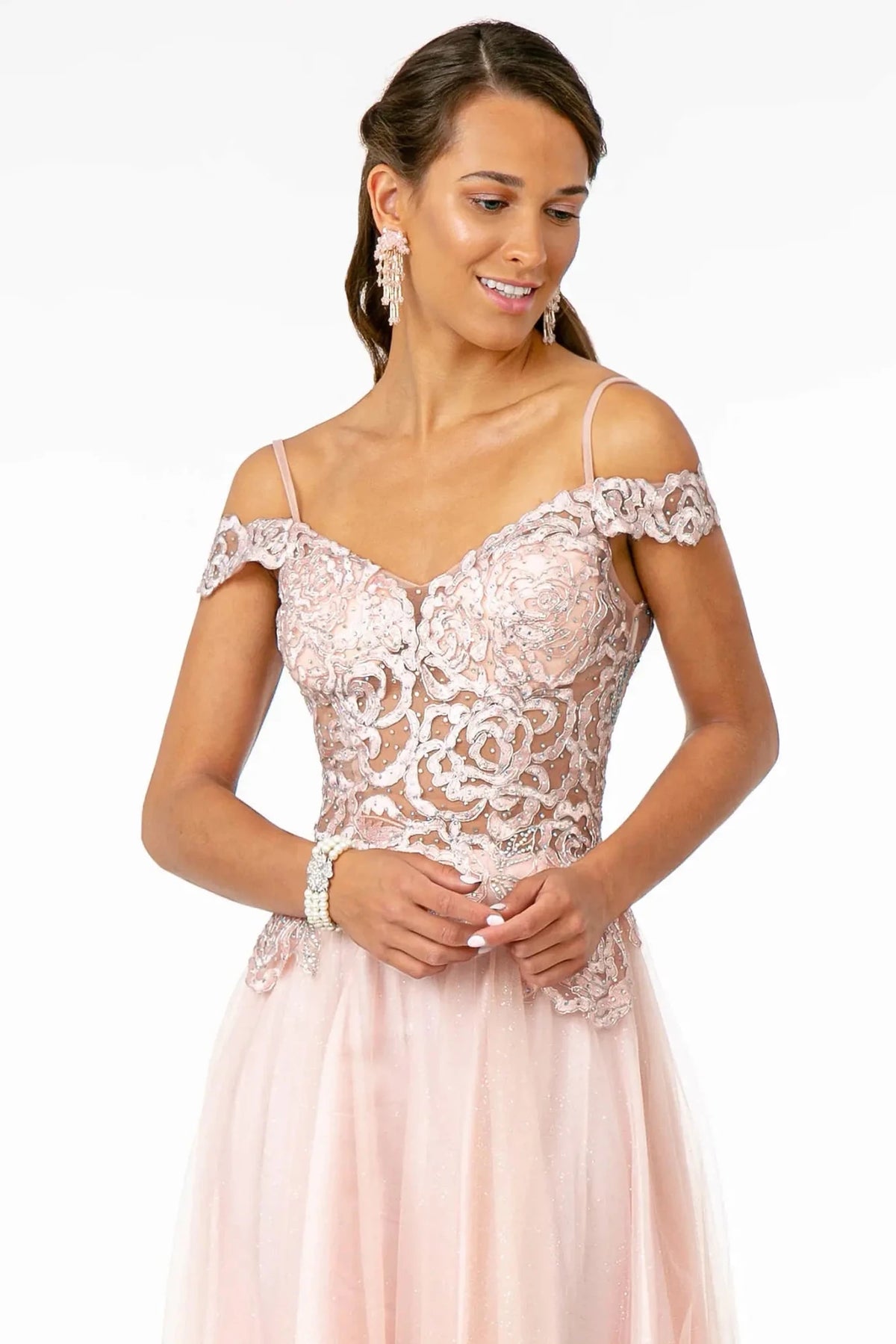 Blush v-neck prom evening dress upper front with embroidery